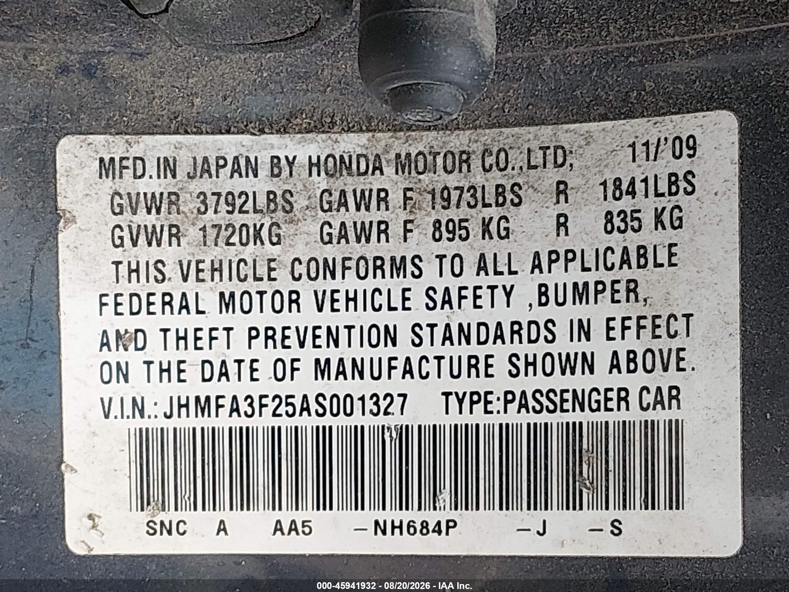 2010 Honda Civic Hybrid   Blue vin: JHMFA3F25AS001327