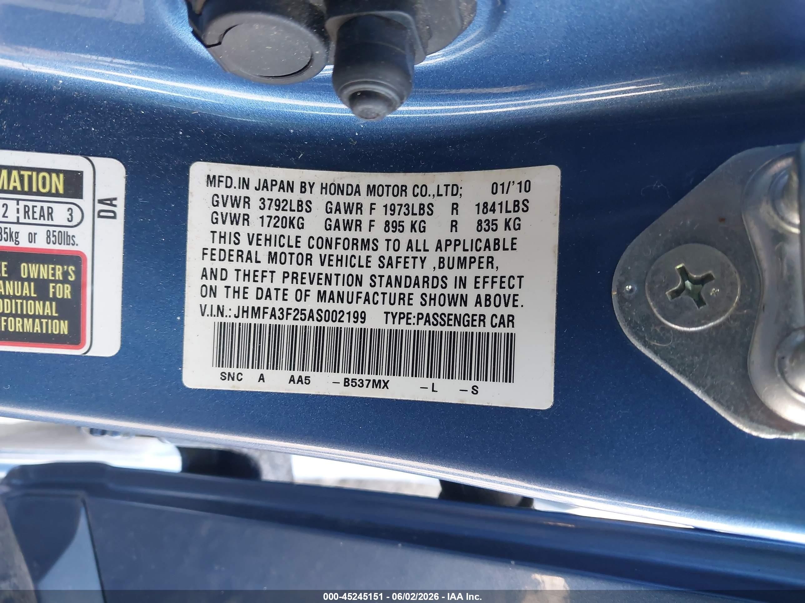 2010 Honda Civic Hybrid Синий vin: JHMFA3F25AS002199