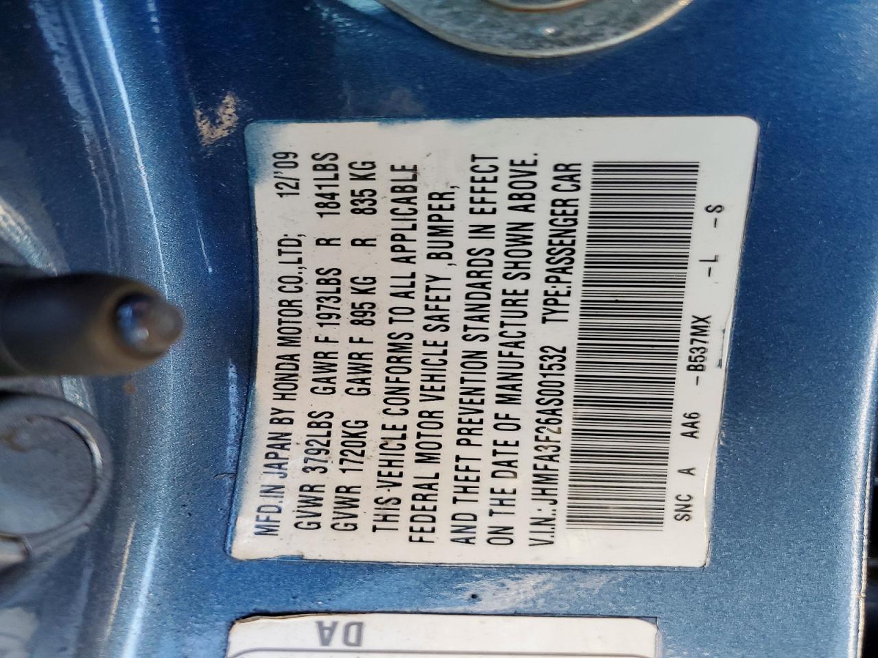2010 Honda Civic Hybrid Blue vin: JHMFA3F26AS001532