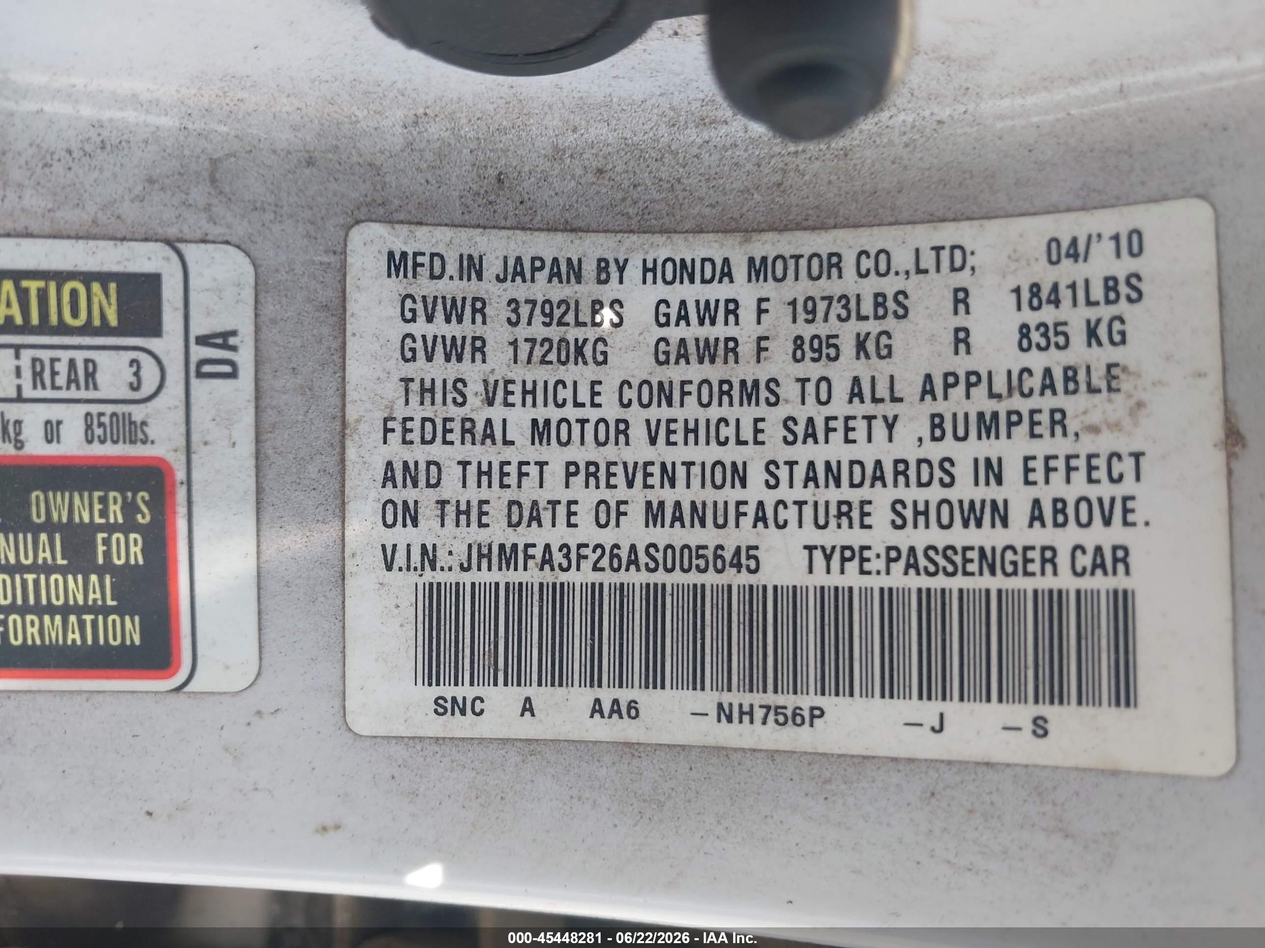 2010 Honda Civic Hybrid   White vin: JHMFA3F26AS005645