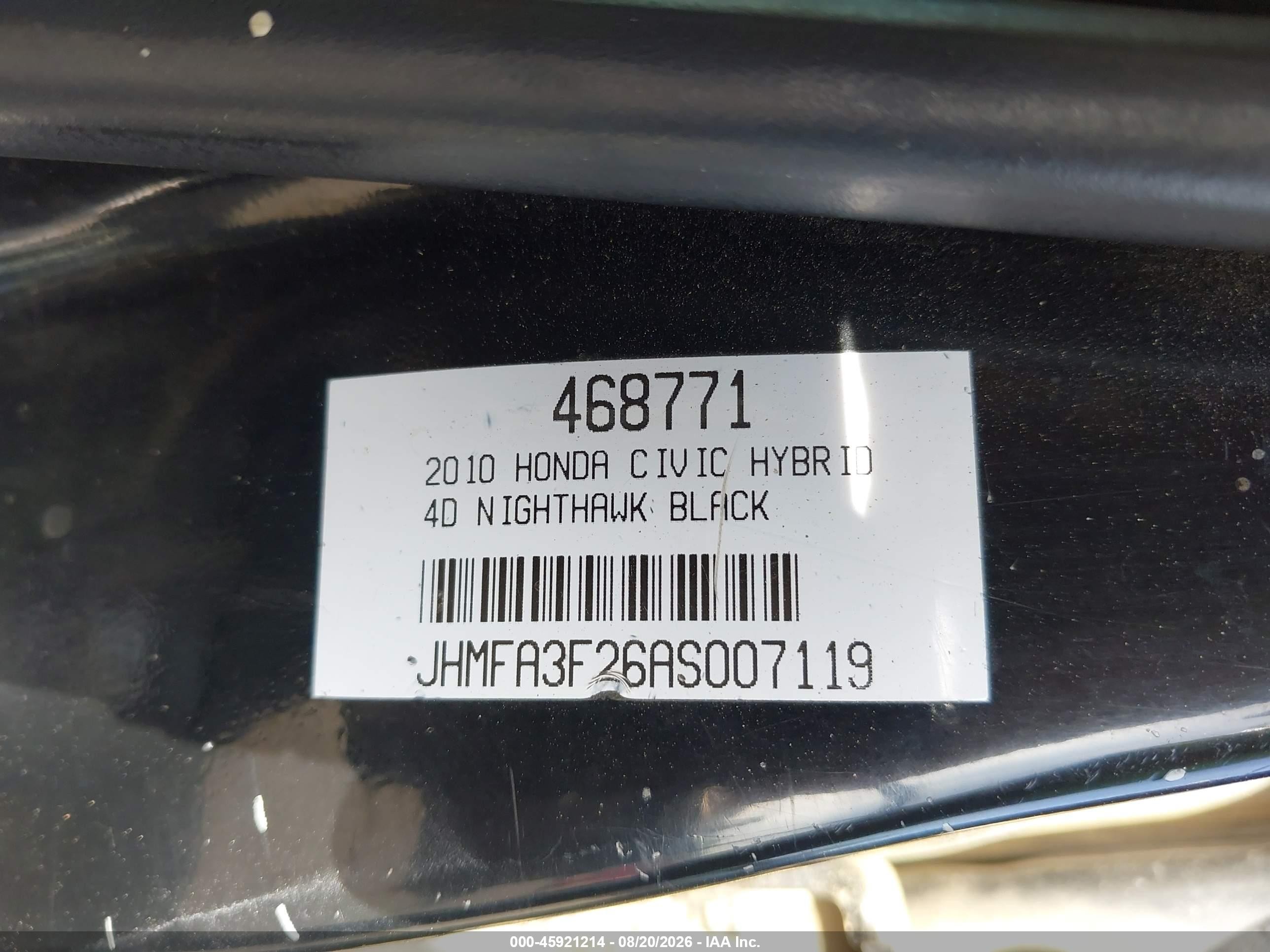 2010 Honda Civic Hybrid   Black vin: JHMFA3F26AS007119