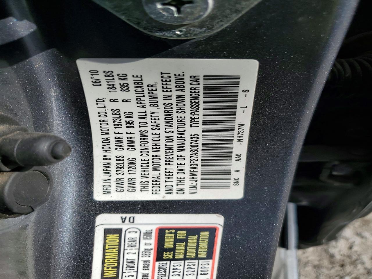 2010 Honda Civic Hybrid Charcoal vin: JHMFA3F27AS007436