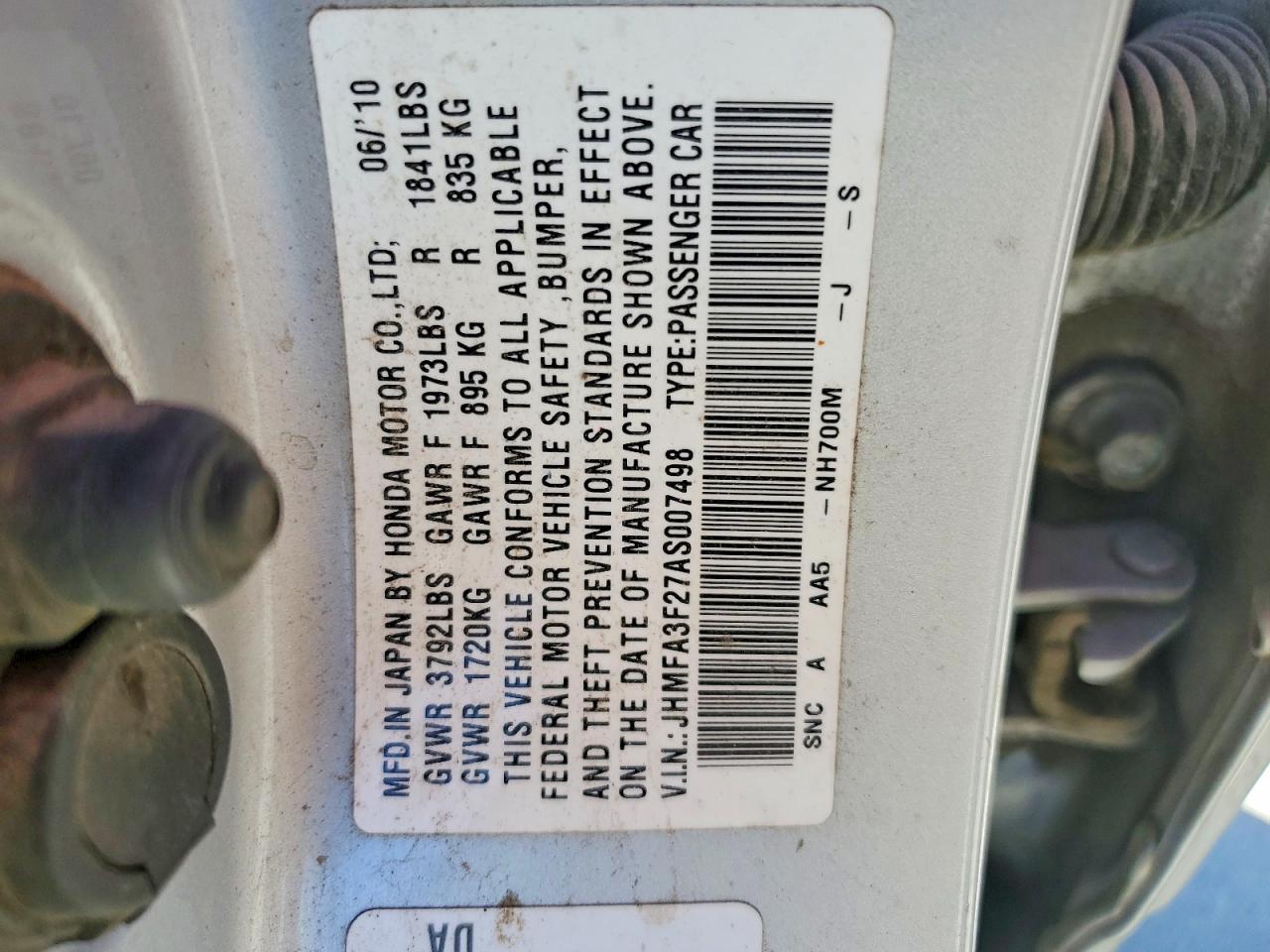 2010 Honda Civic Hybrid Silver vin: JHMFA3F27AS007498