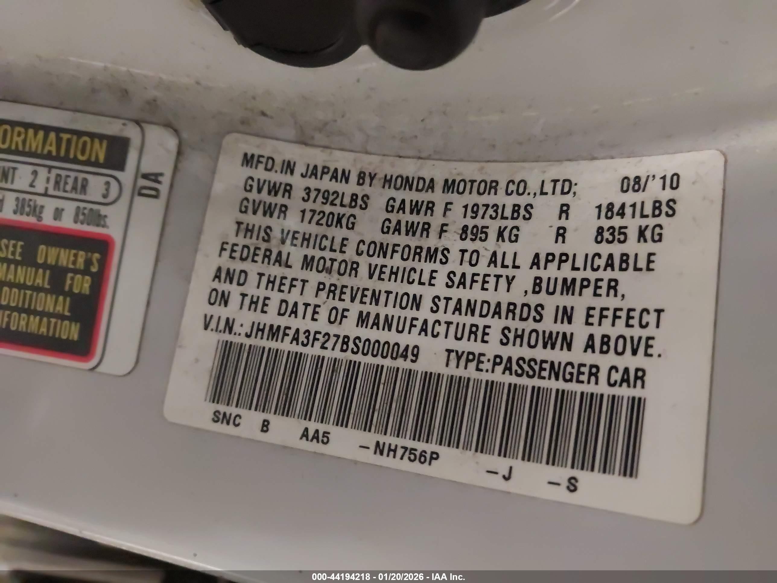 2011 Honda Civic Hybrid   White vin: JHMFA3F27BS000049