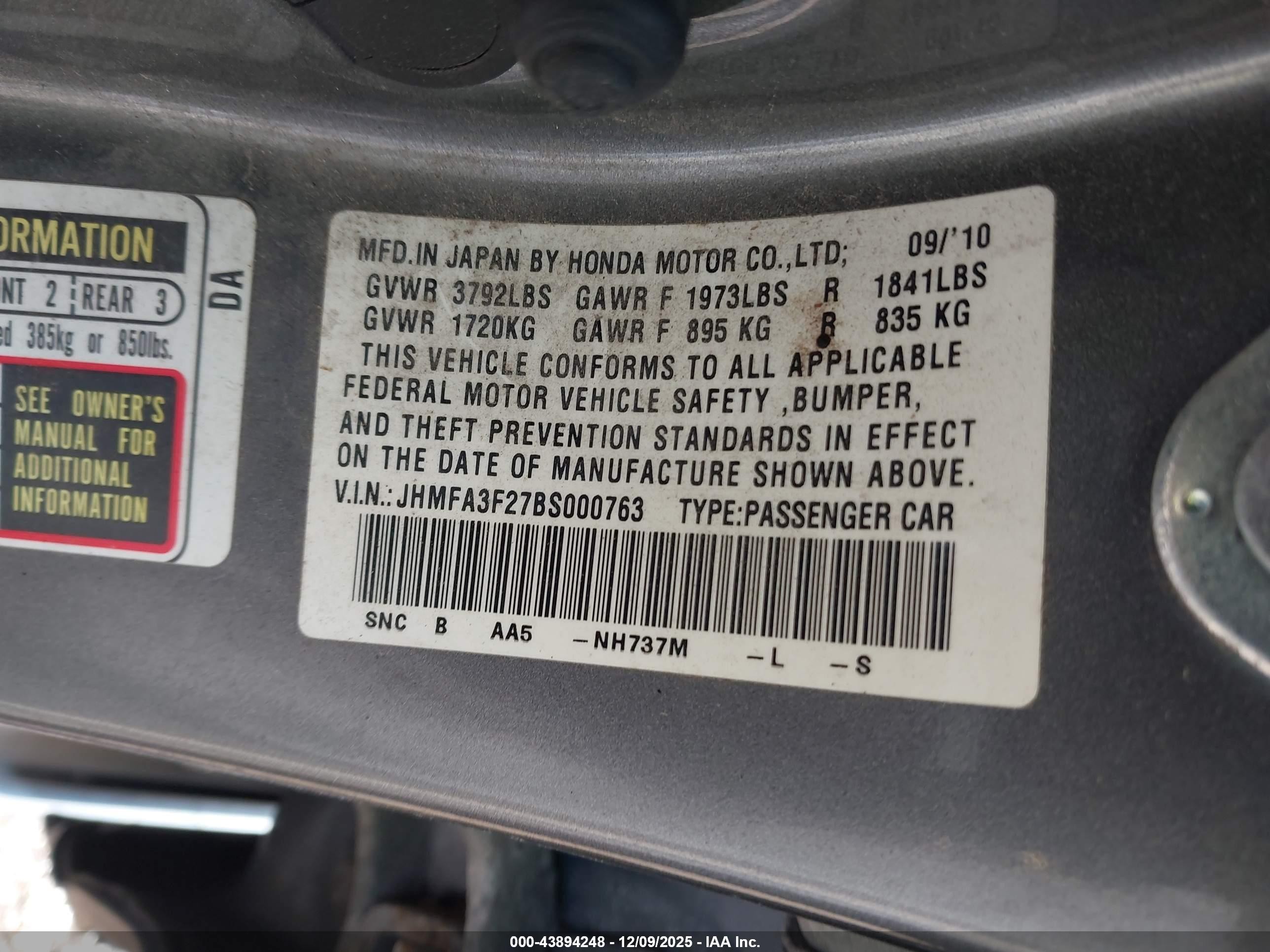 2011 Honda Civic Hybrid   Gray vin: JHMFA3F27BS000763