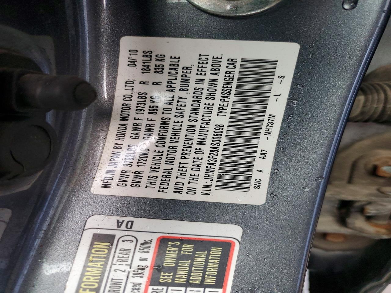 2010 Honda Civic Hybrid Gray vin: JHMFA3F28AS006098