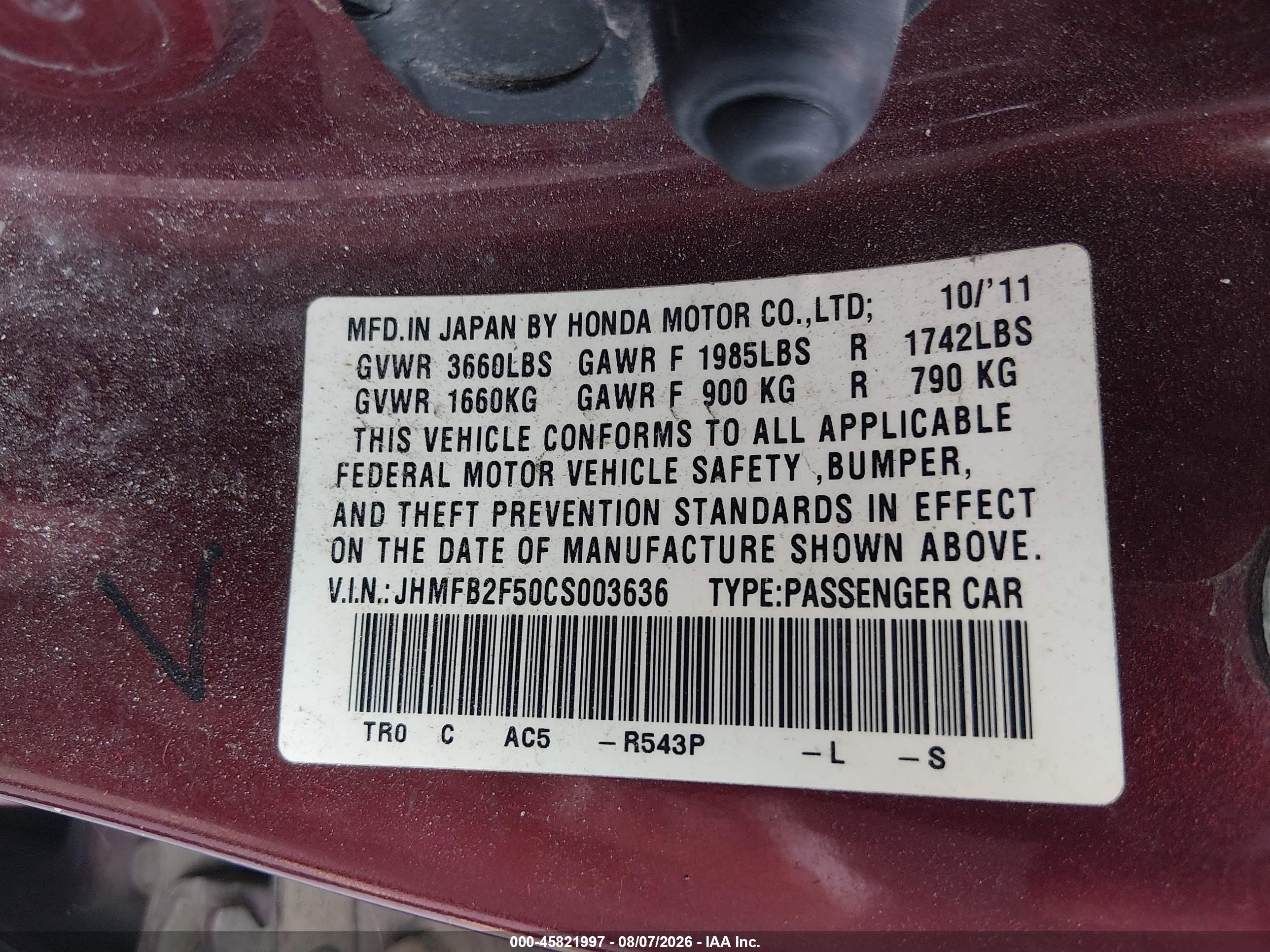 2012 Honda Civic Lx Burgundy vin: JHMFB2F50CS003636