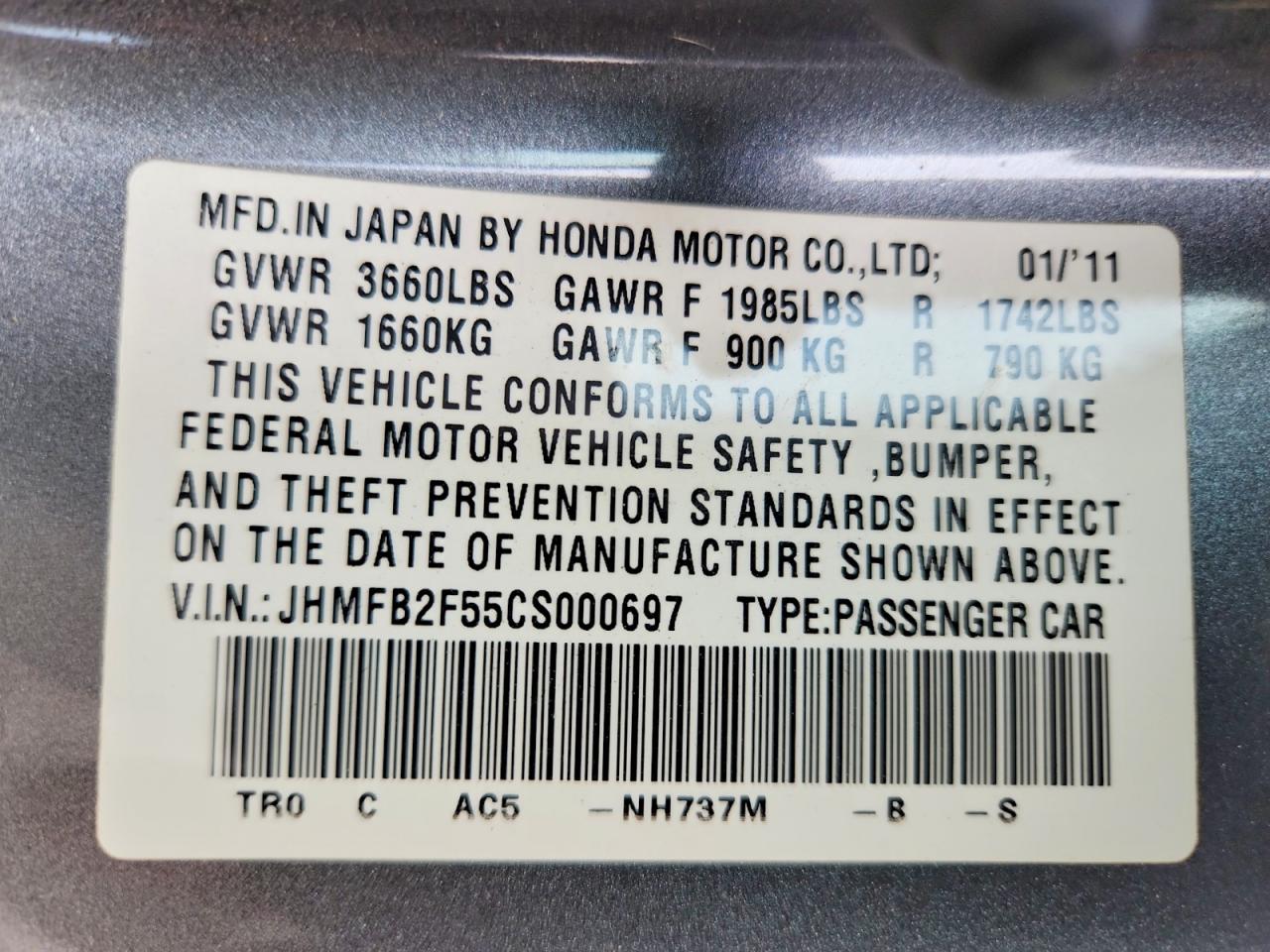 2012 Honda Civic Lx Gray vin: JHMFB2F55CS000697
