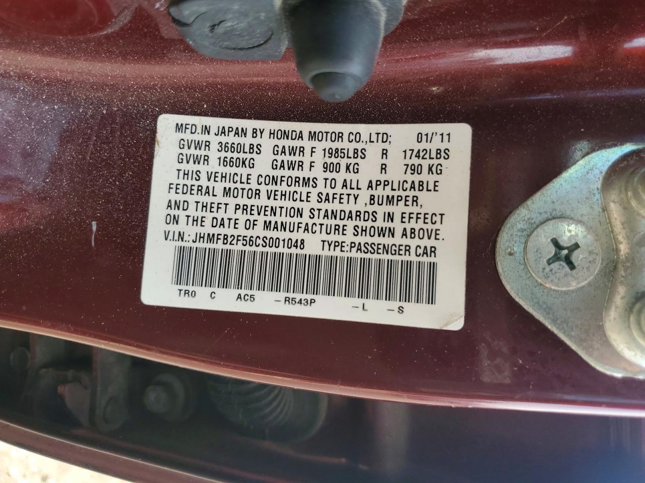 2012 Honda Civic Lx Burgundy vin: JHMFB2F56CS001048