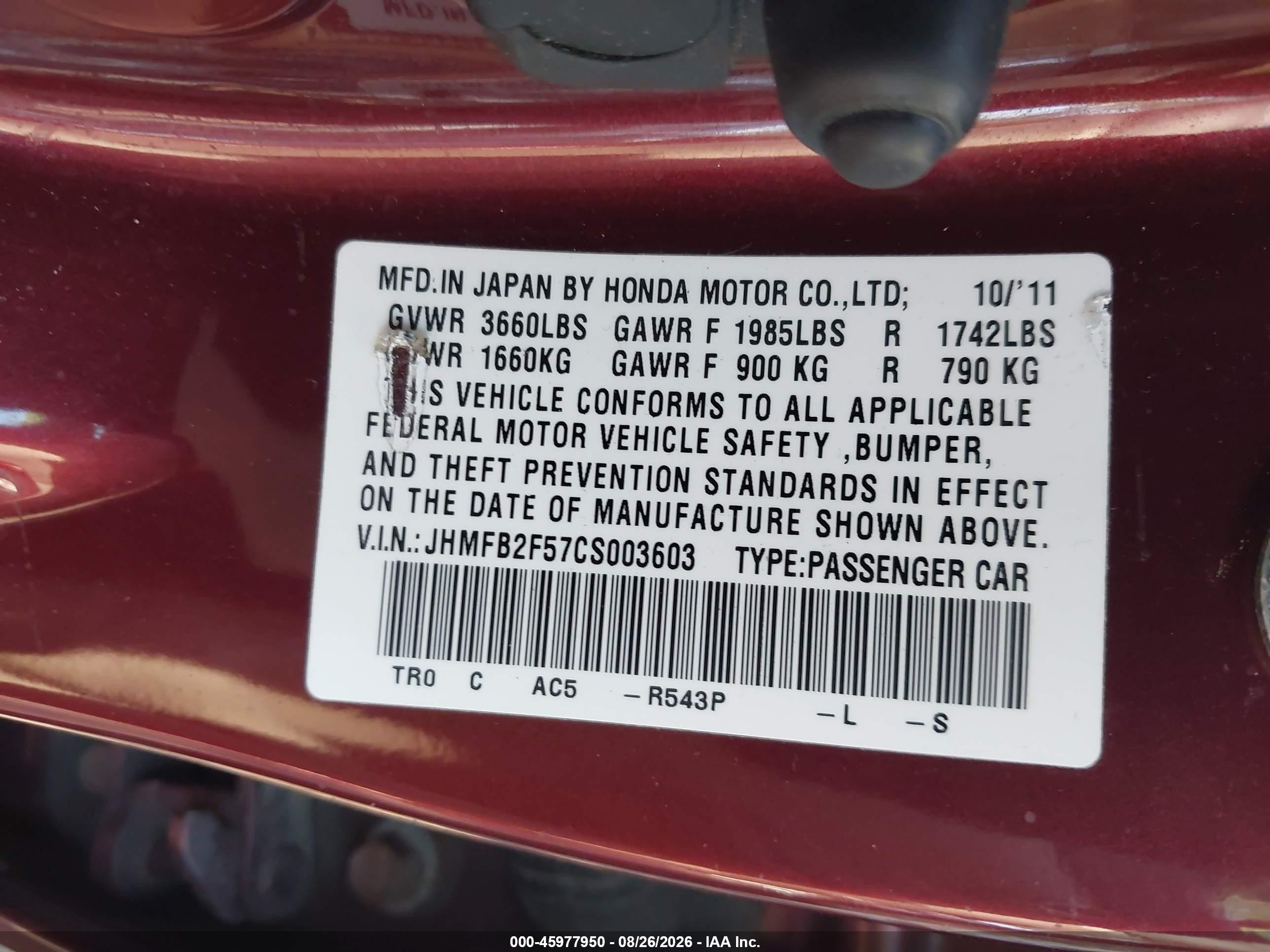 2012 Honda Civic Lx Burgundy vin: JHMFB2F57CS003603