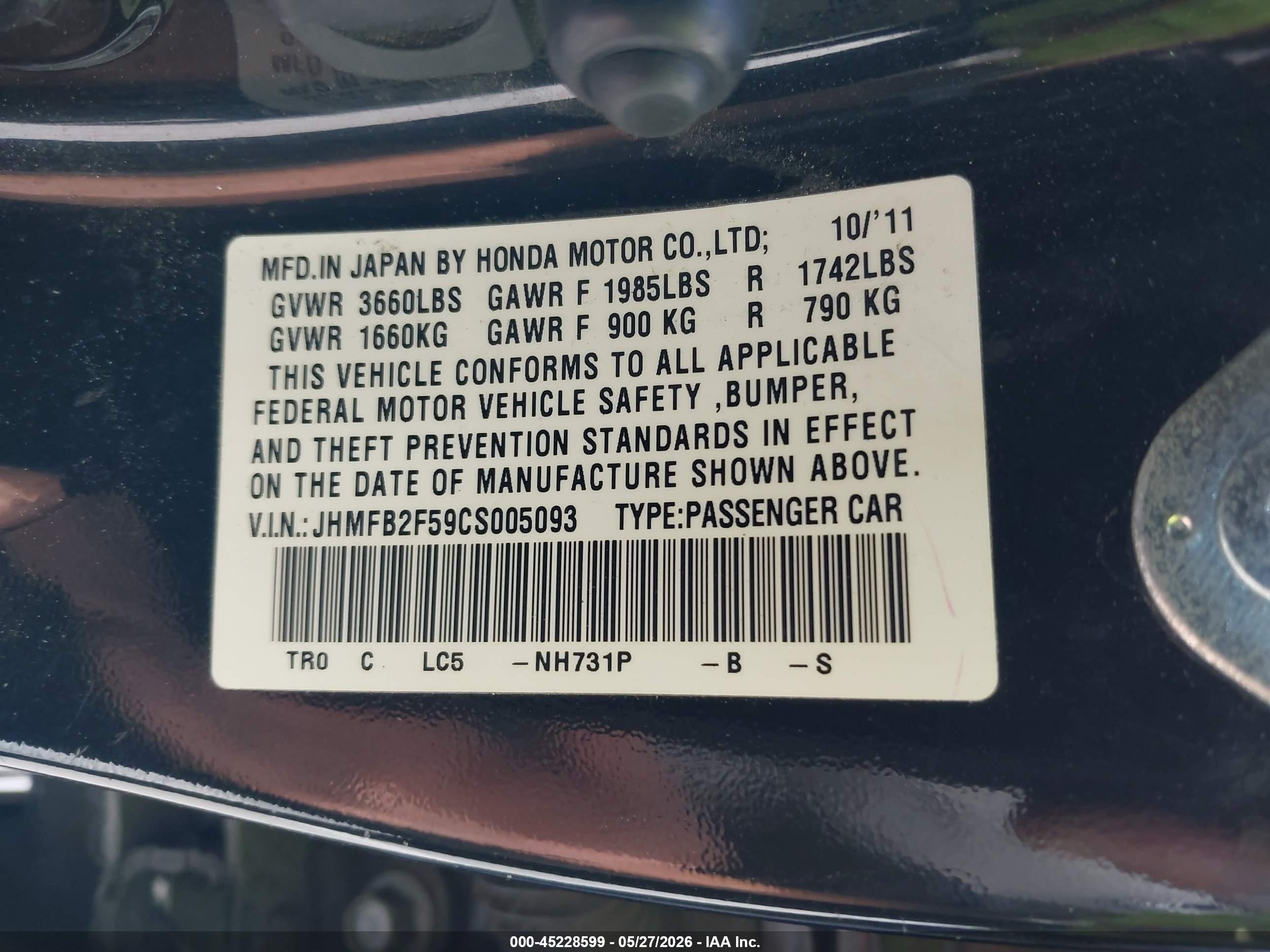 2012 Honda Civic Lx Black vin: JHMFB2F59CS005093