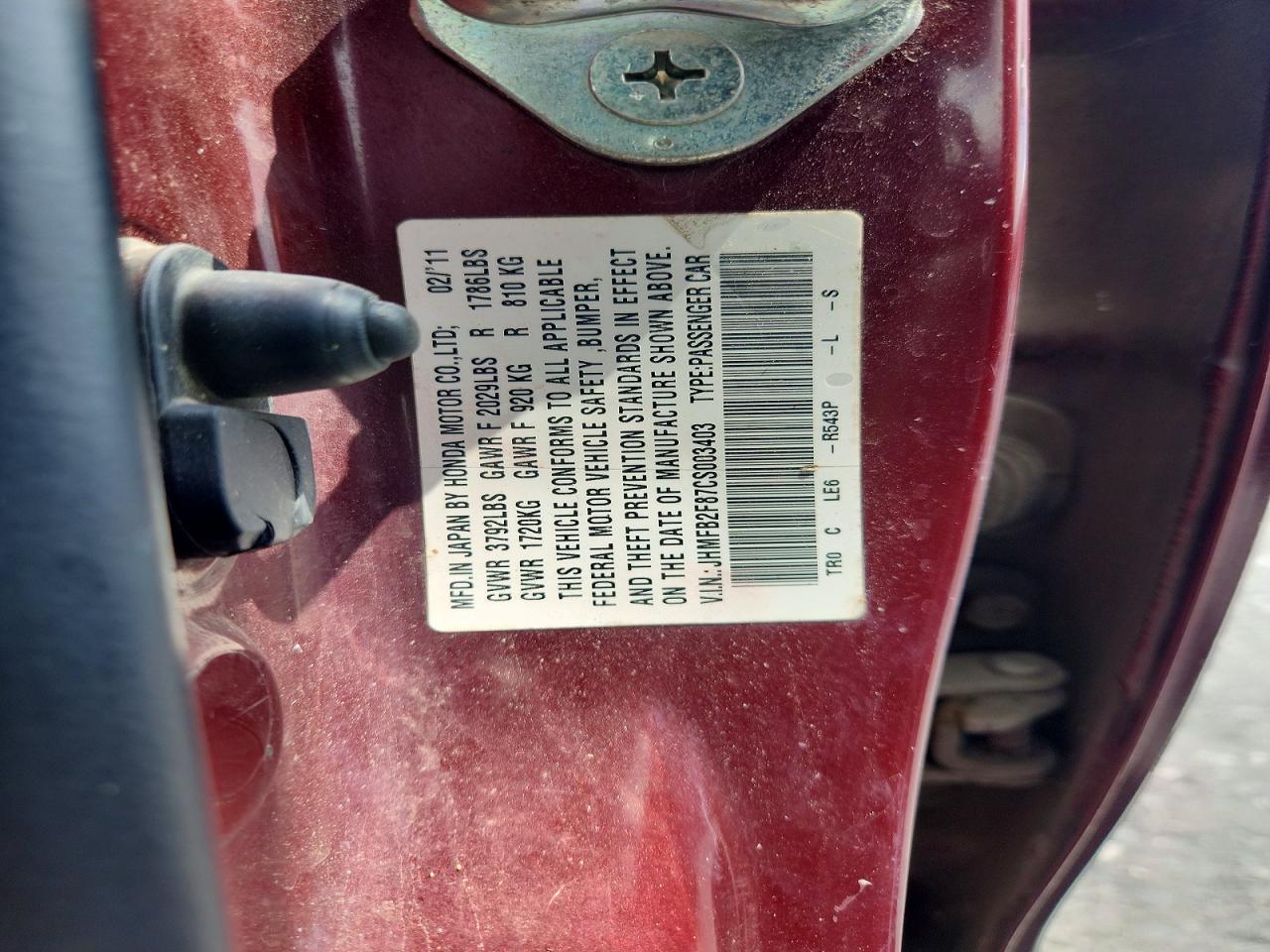2012 Honda Civic Ex Maroon vin: JHMFB2F87CS003403
