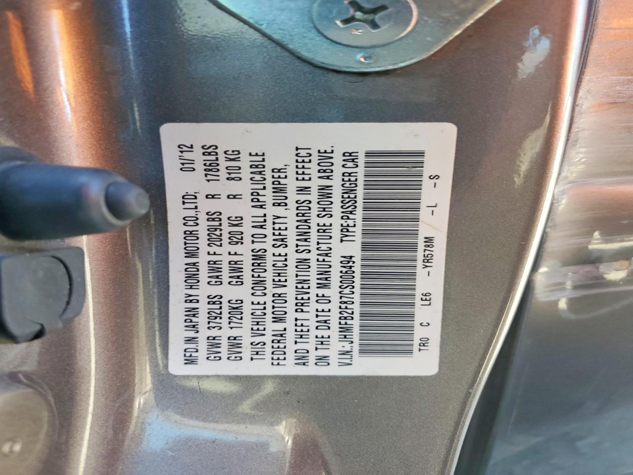 2012 Honda Civic Ex Gray vin: JHMFB2F87CS006494