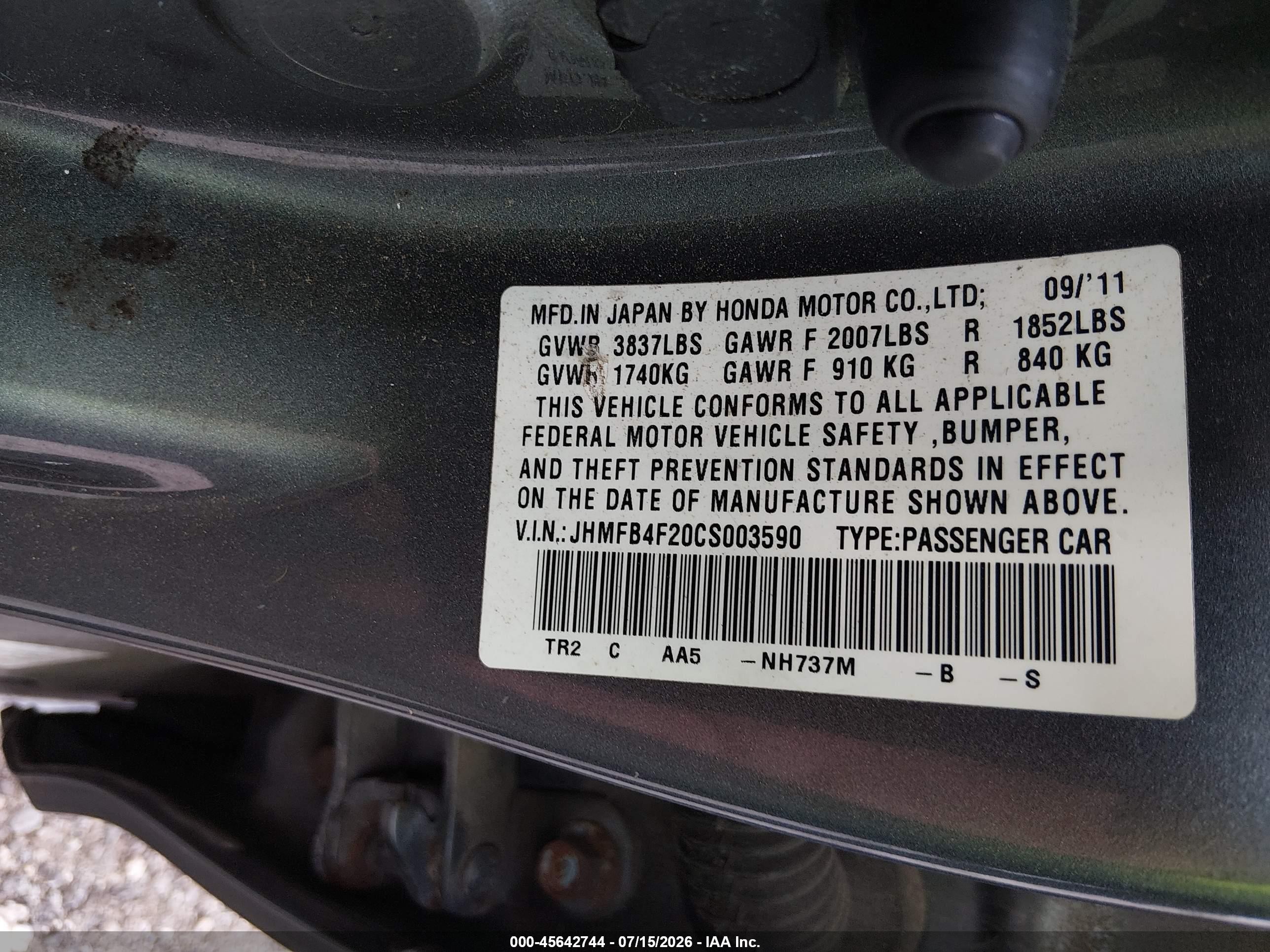 2012 Honda Civic Hybrid   Gray vin: JHMFB4F20CS003590