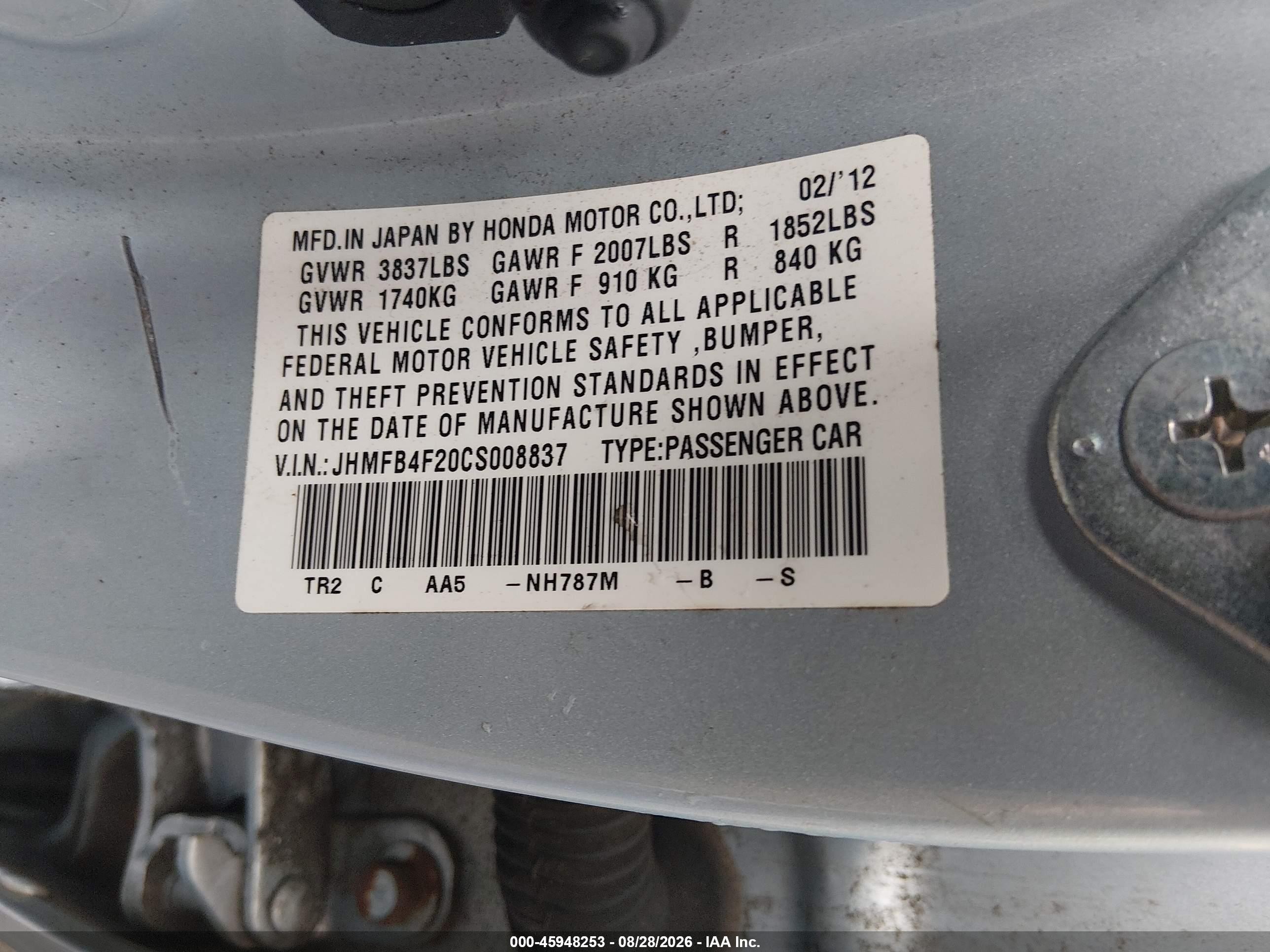 2012 Honda Civic Hybrid   Light Blue vin: JHMFB4F20CS008837