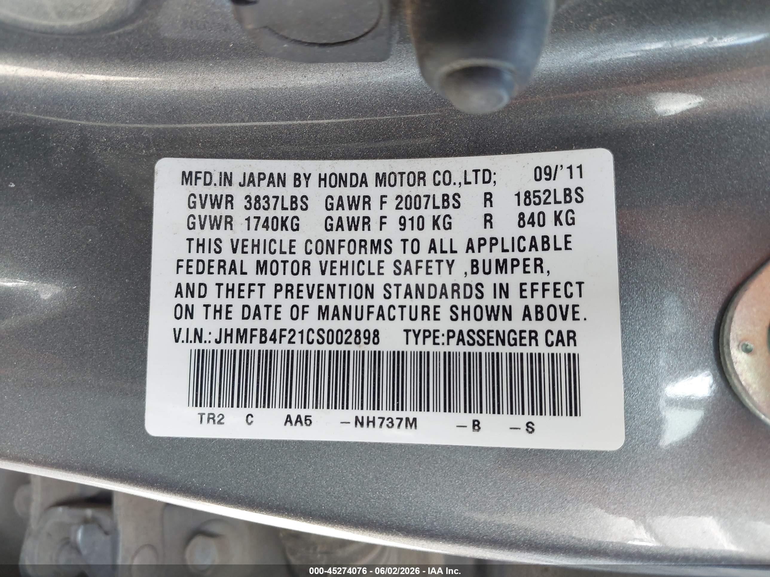 2012 Honda Civic Hybrid Gray vin: JHMFB4F21CS002898