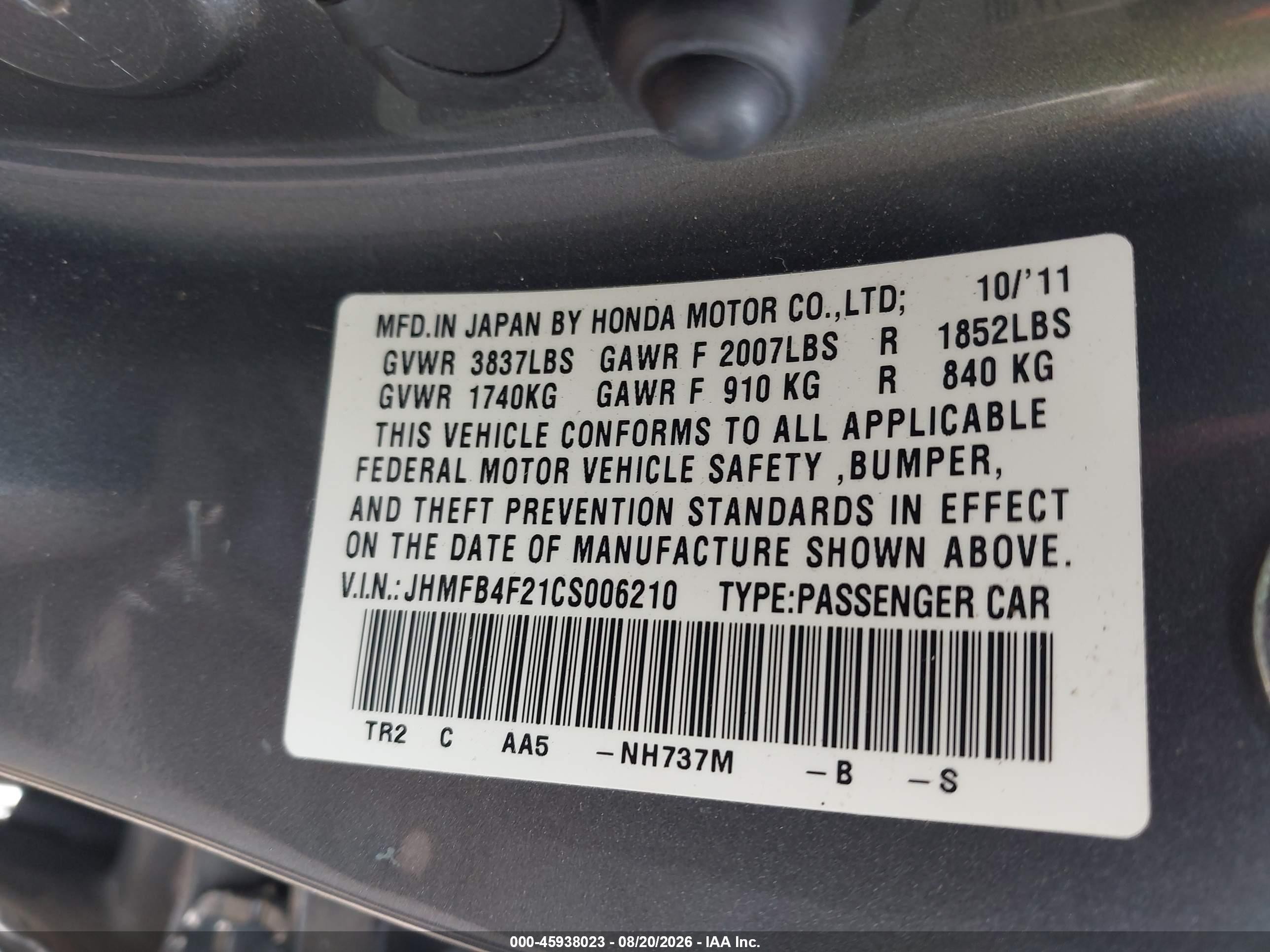 2012 Honda Civic Hybrid   Gray vin: JHMFB4F21CS006210