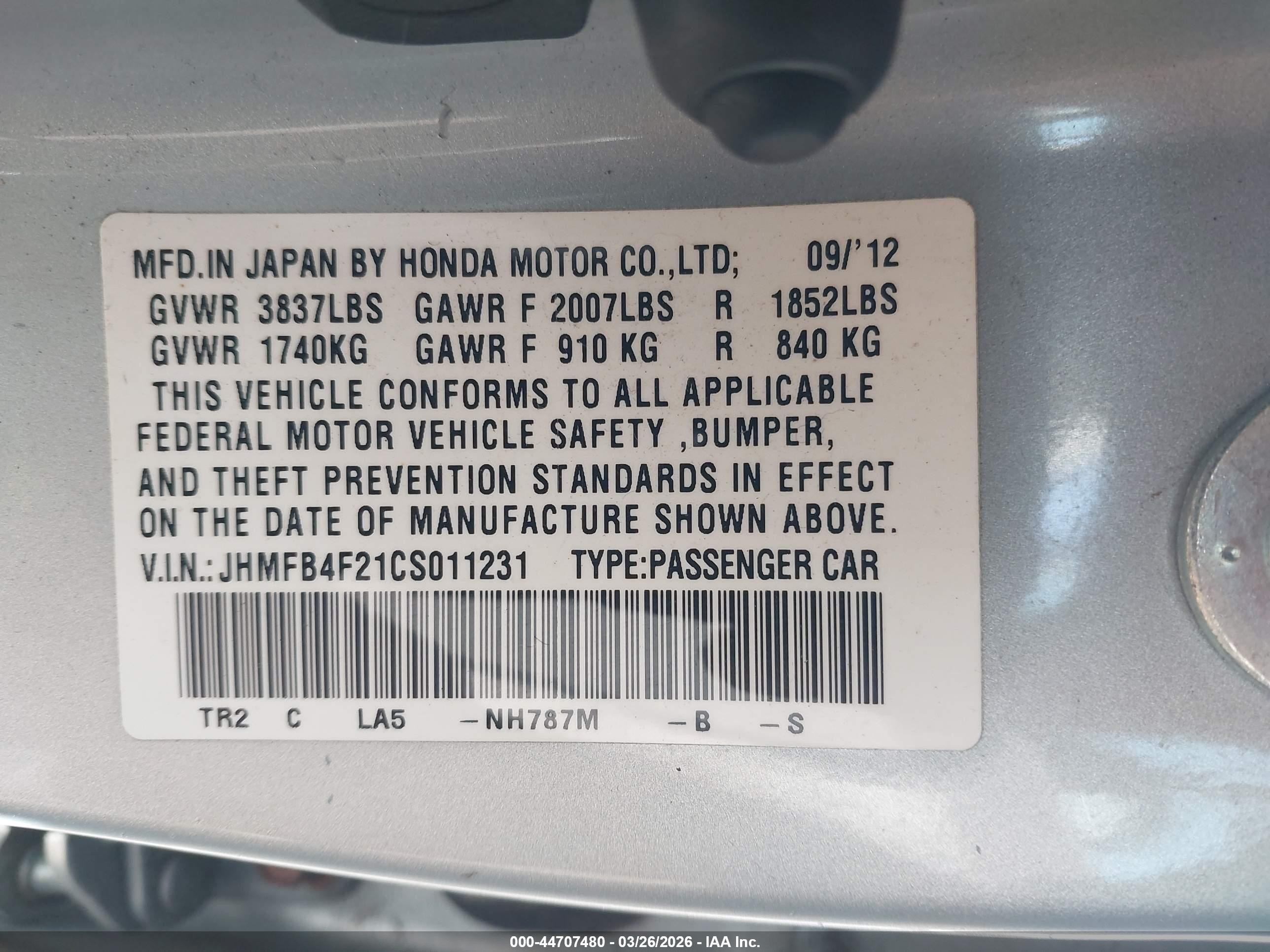 2012 Honda Civic Hybrid Light Blue vin: JHMFB4F21CS011231