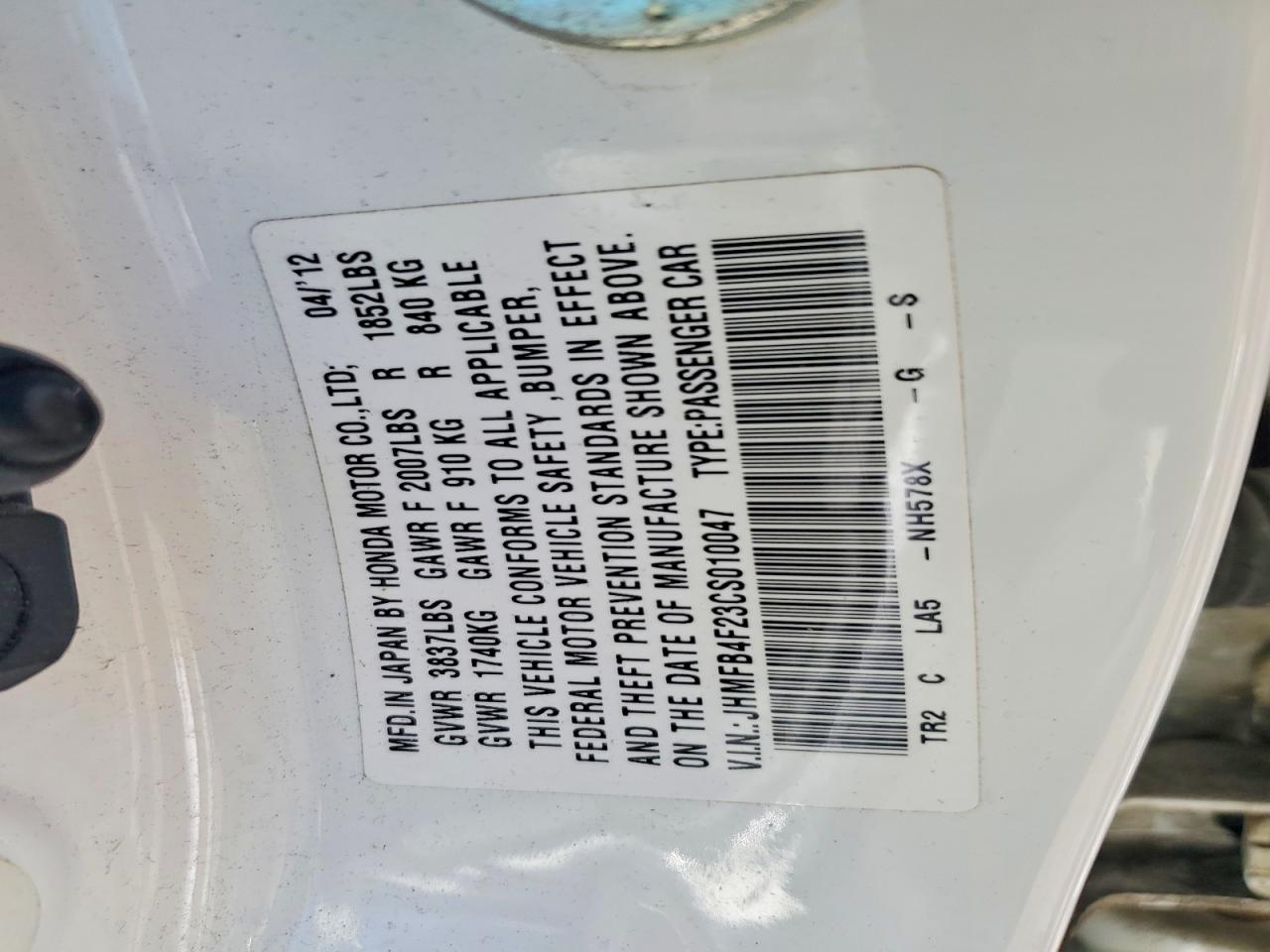 2012 Honda Civic Hybrid White vin: JHMFB4F23CS010047
