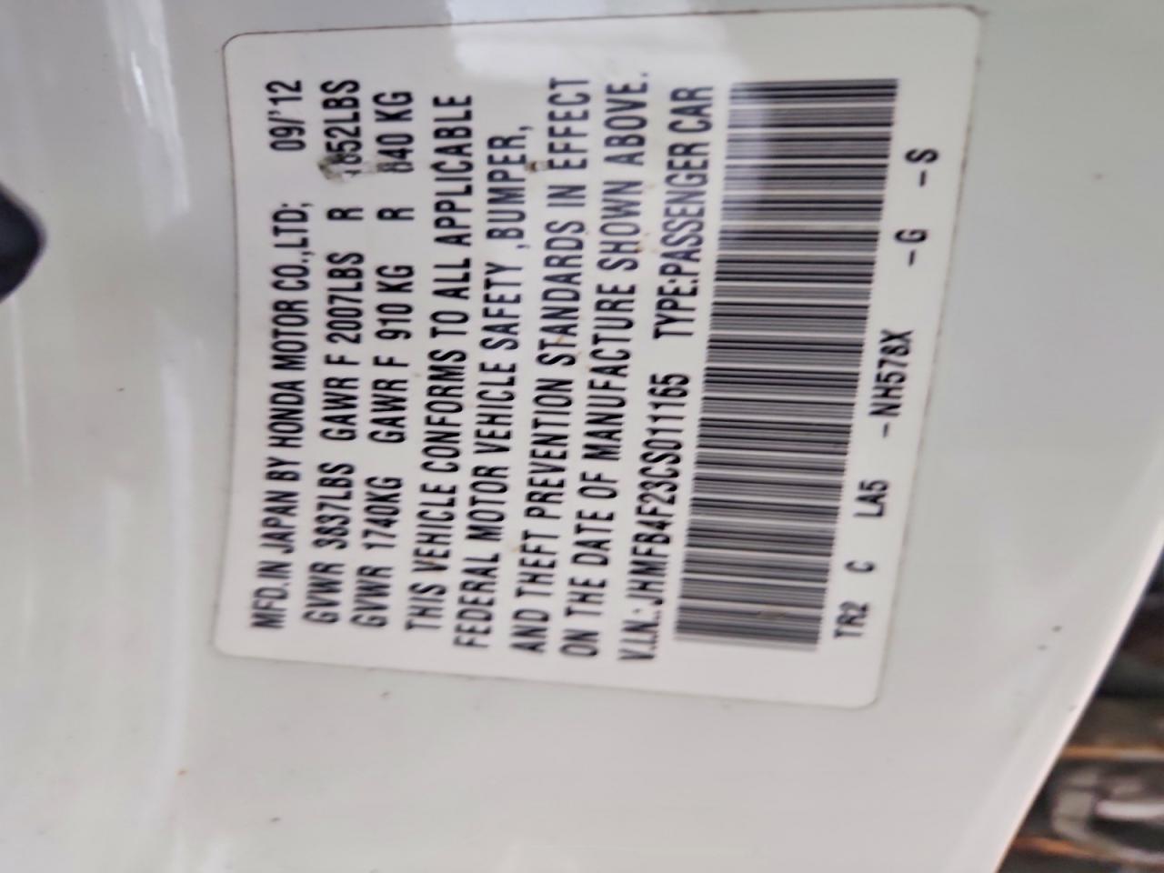 2012 Honda Civic Hybrid White vin: JHMFB4F23CS011165