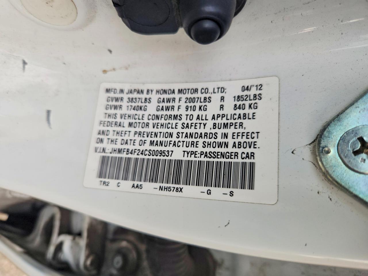 2012 Honda Civic Hybrid White vin: JHMFB4F24CS009537