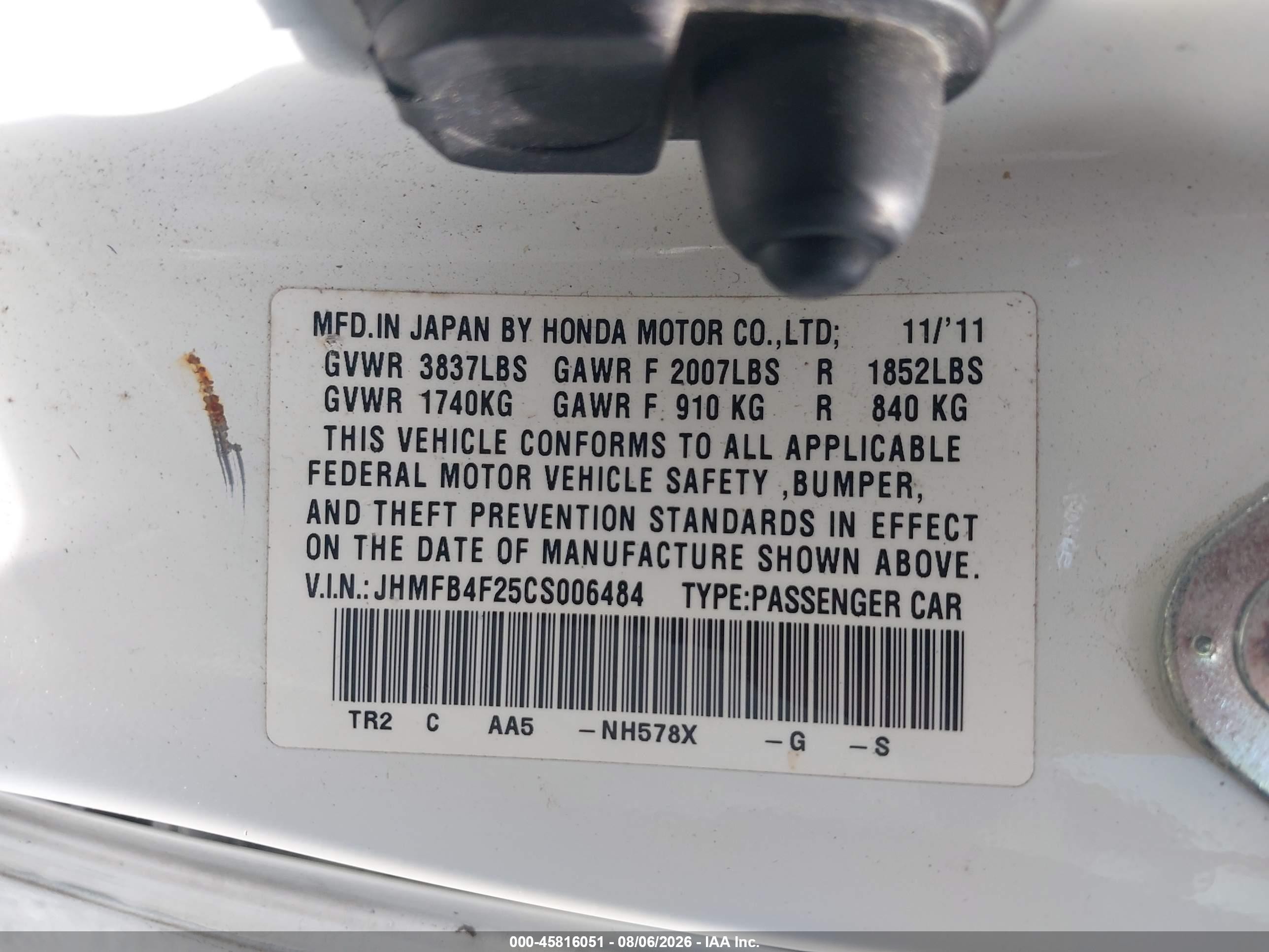 2012 Honda Civic Hybrid   White vin: JHMFB4F25CS006484