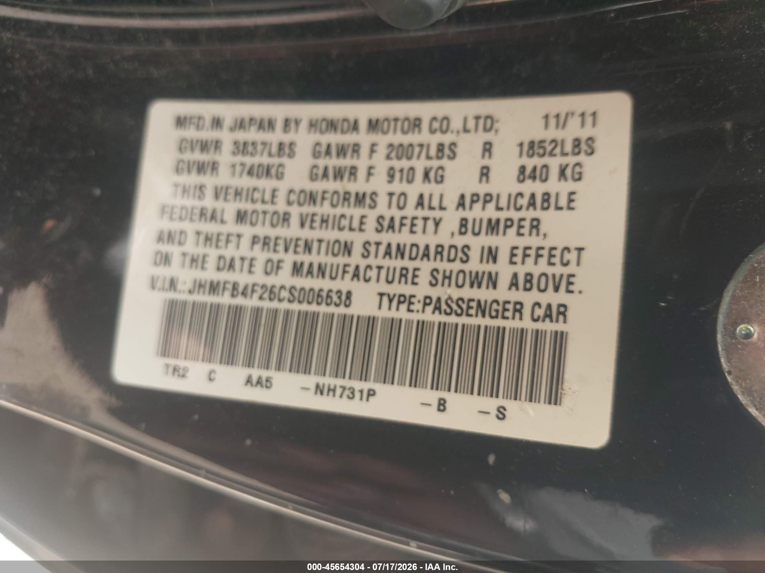 2012 Honda Civic Hybrid   Black vin: JHMFB4F26CS006638