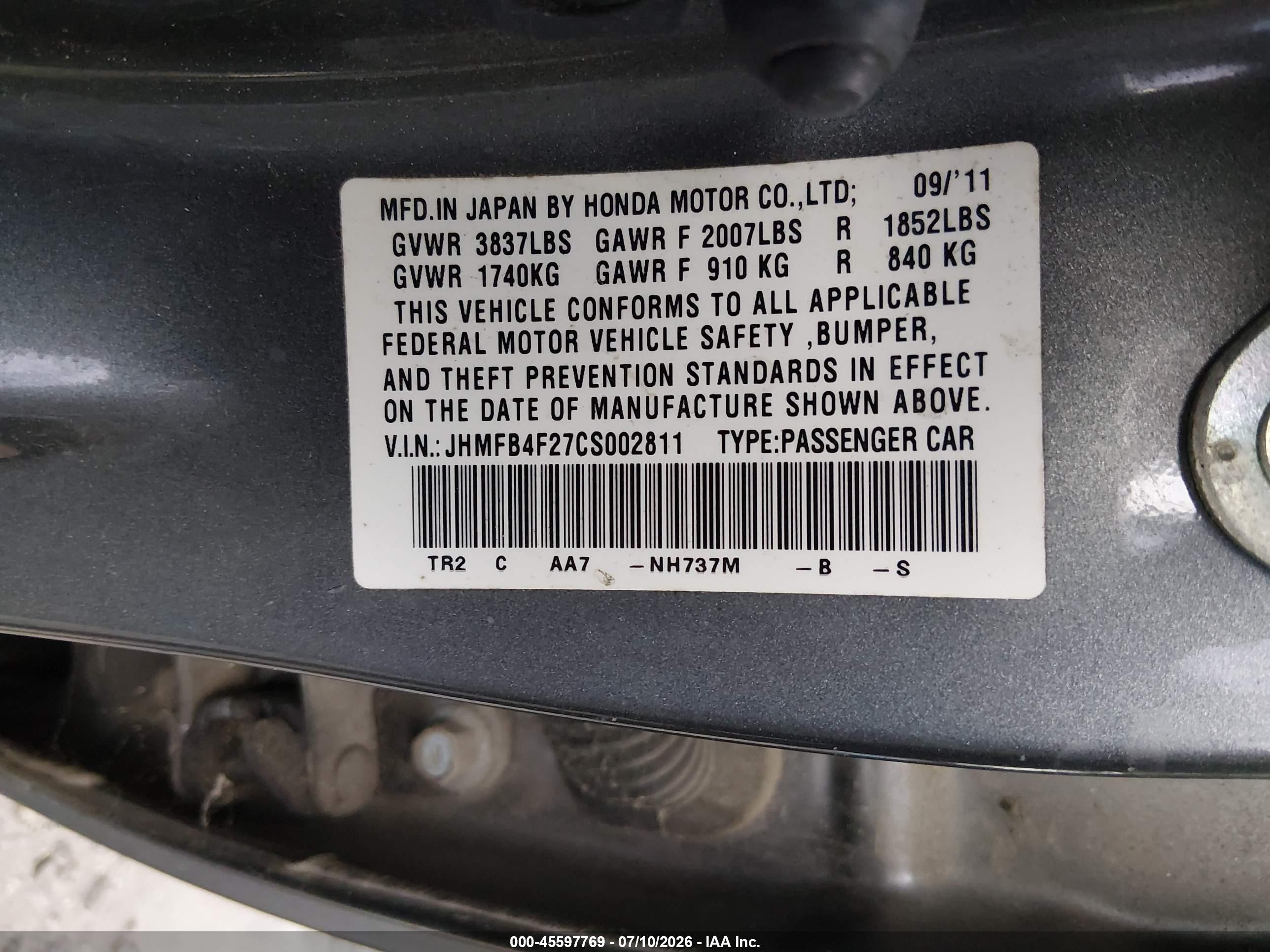 2012 Honda Civic Hybrid   Gray vin: JHMFB4F27CS002811