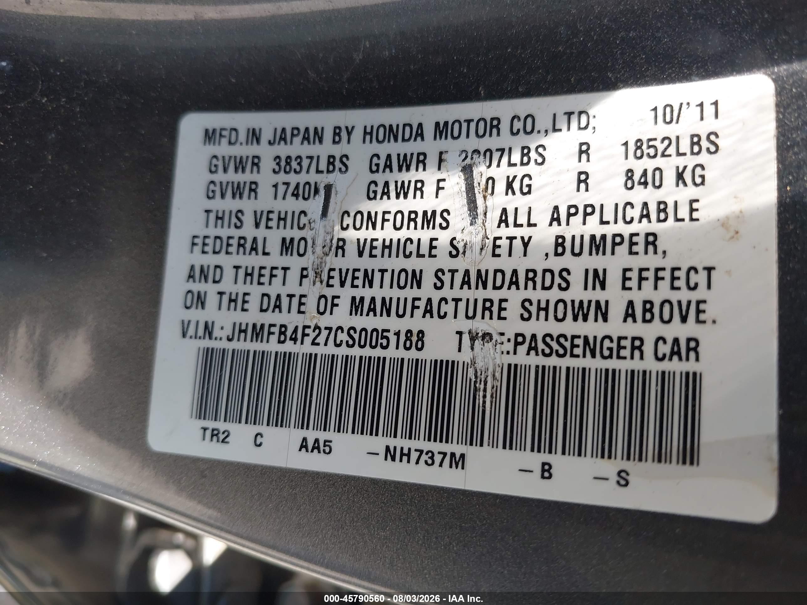 2012 Honda Civic Hybrid   Gray vin: JHMFB4F27CS005188