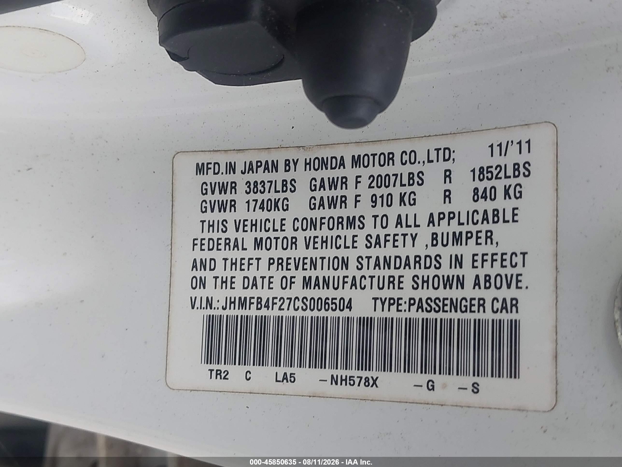 2012 Honda Civic Hybrid   White vin: JHMFB4F27CS006504