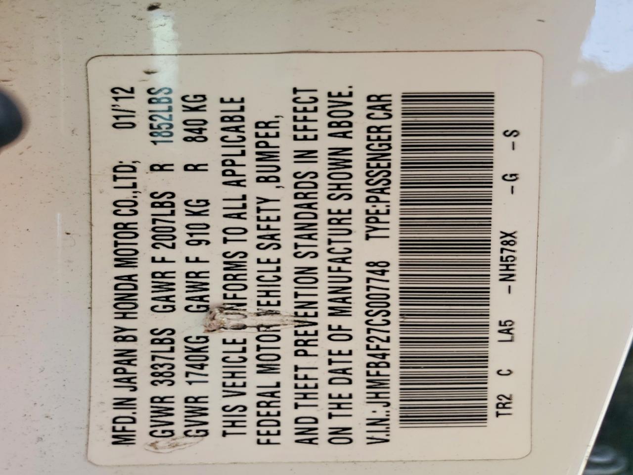 2012 Honda Civic Hybrid White vin: JHMFB4F27CS007748