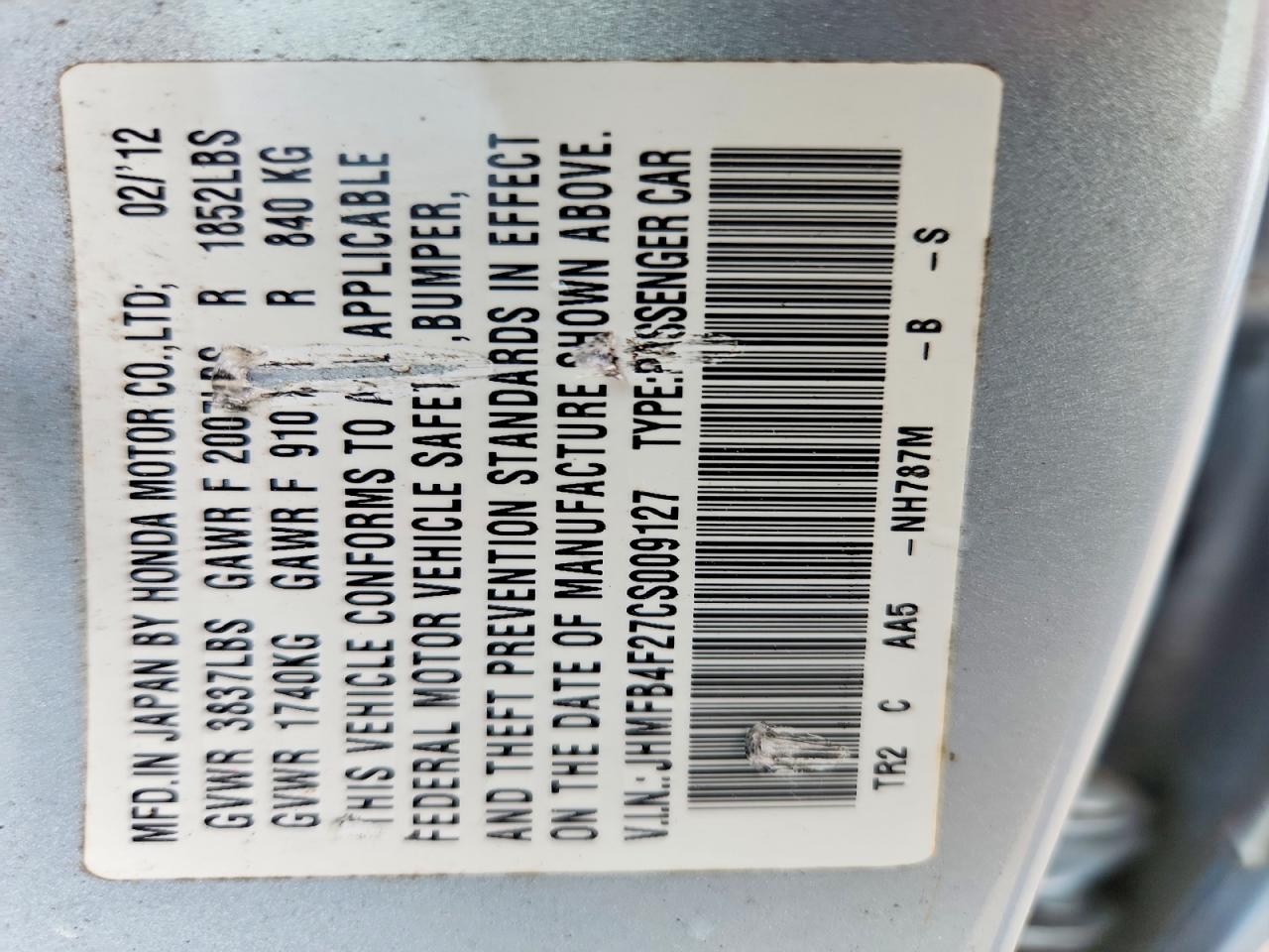 2012 Honda Civic Blue vin: JHMFB4F27CS009127