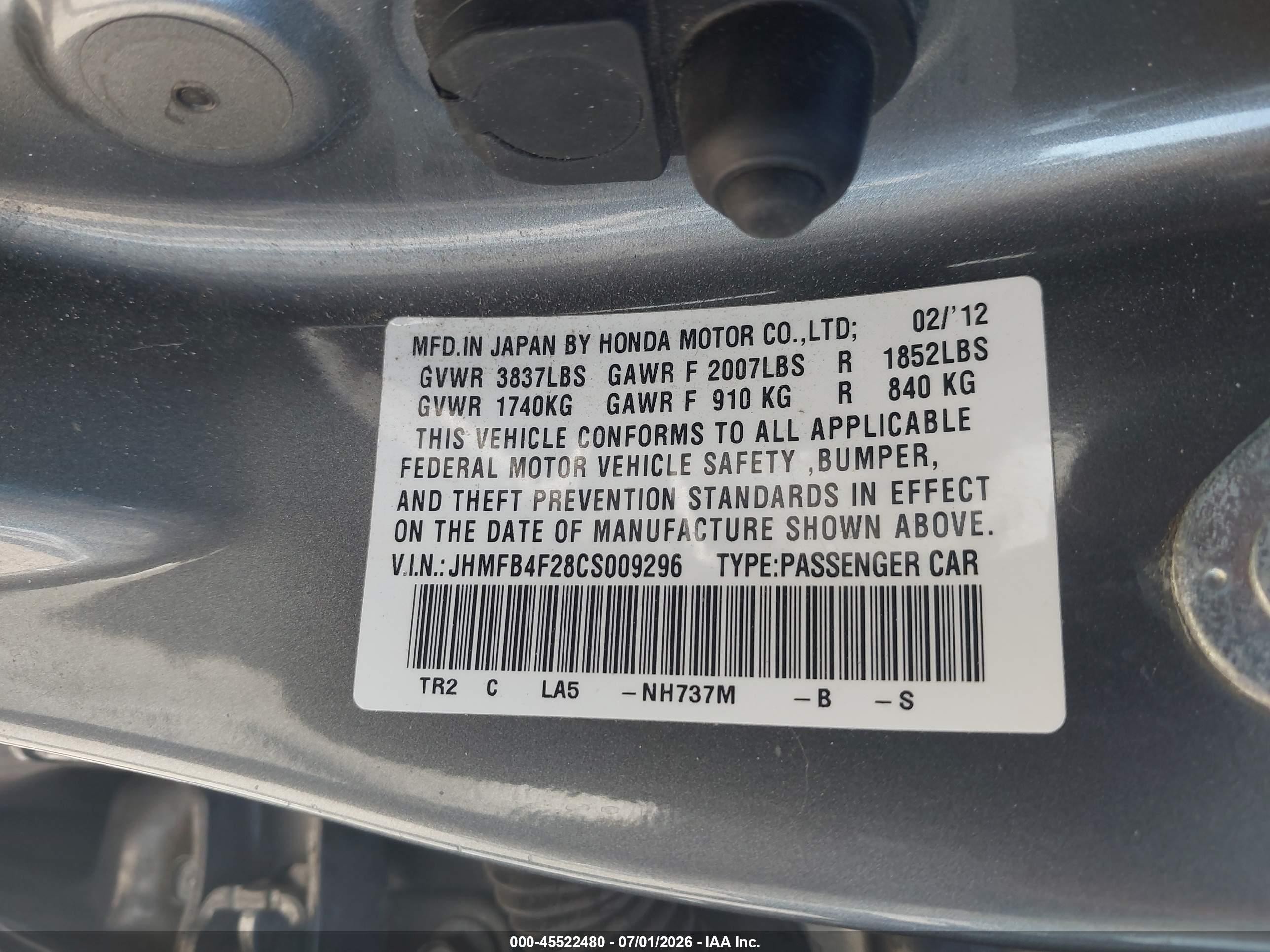 2012 Honda Civic Hybrid   Gray vin: JHMFB4F28CS009296