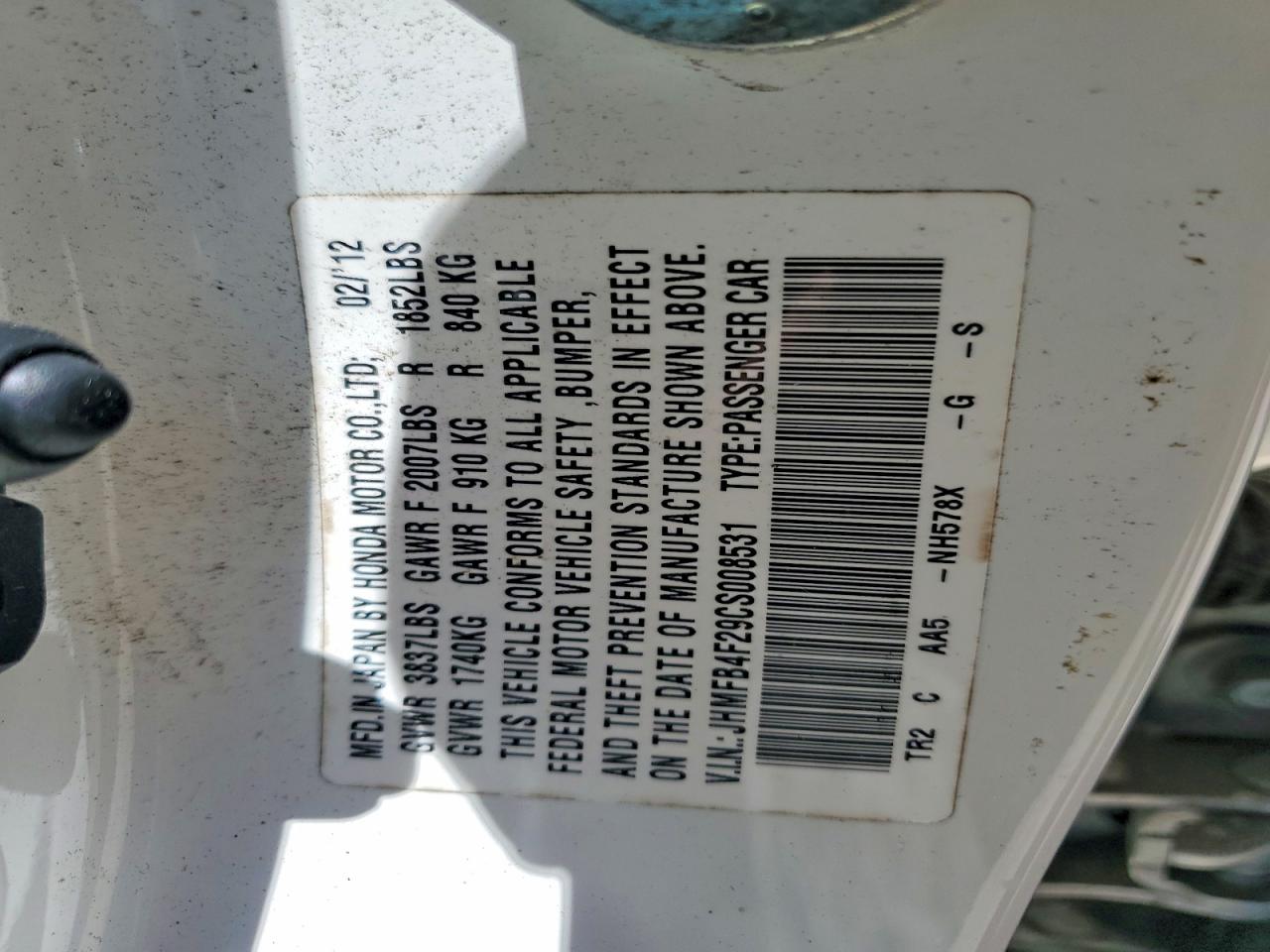 2012 Honda Civic Hybrid White vin: JHMFB4F29CS008531