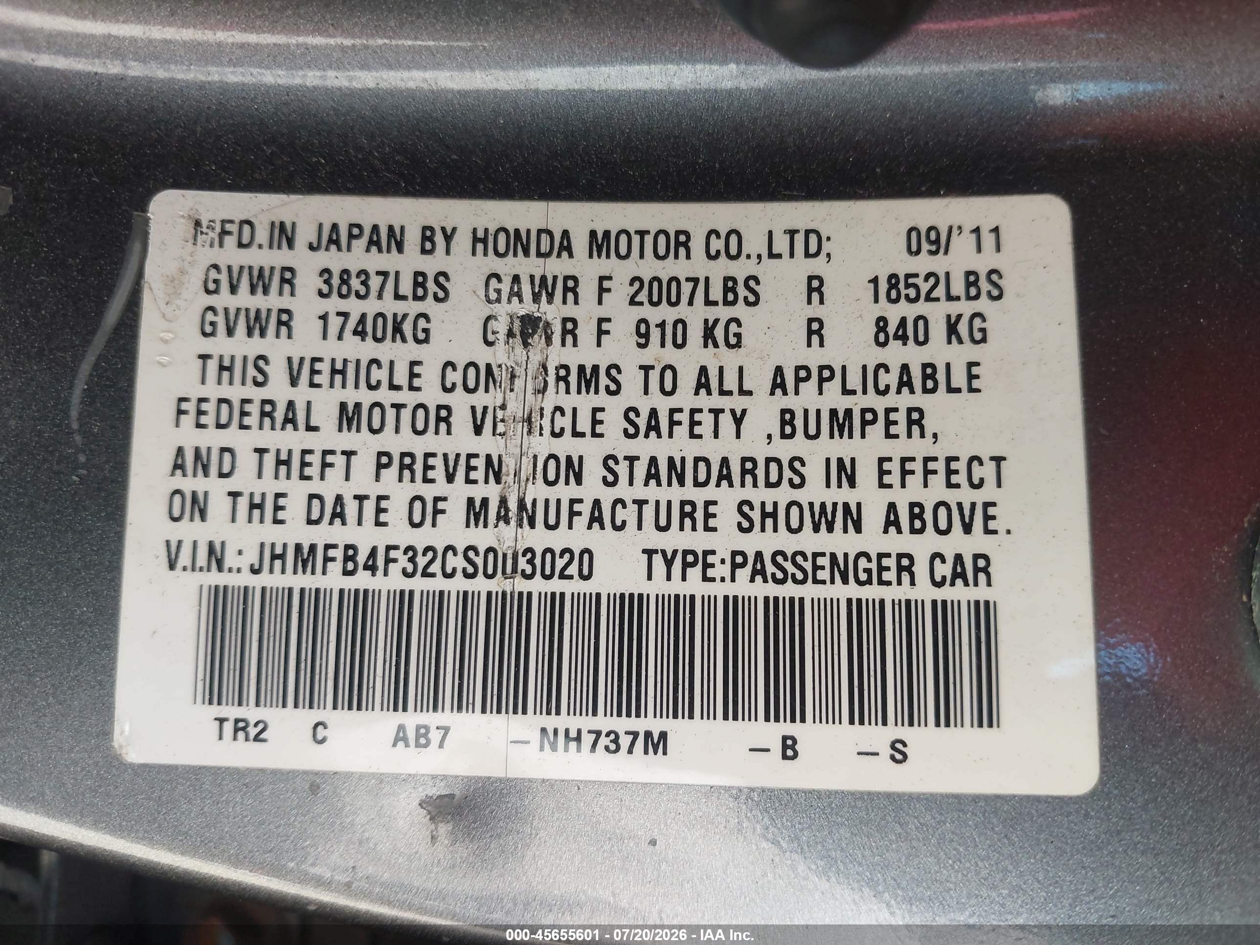 2012 Honda Civic Hybrid Gray vin: JHMFB4F32CS003020