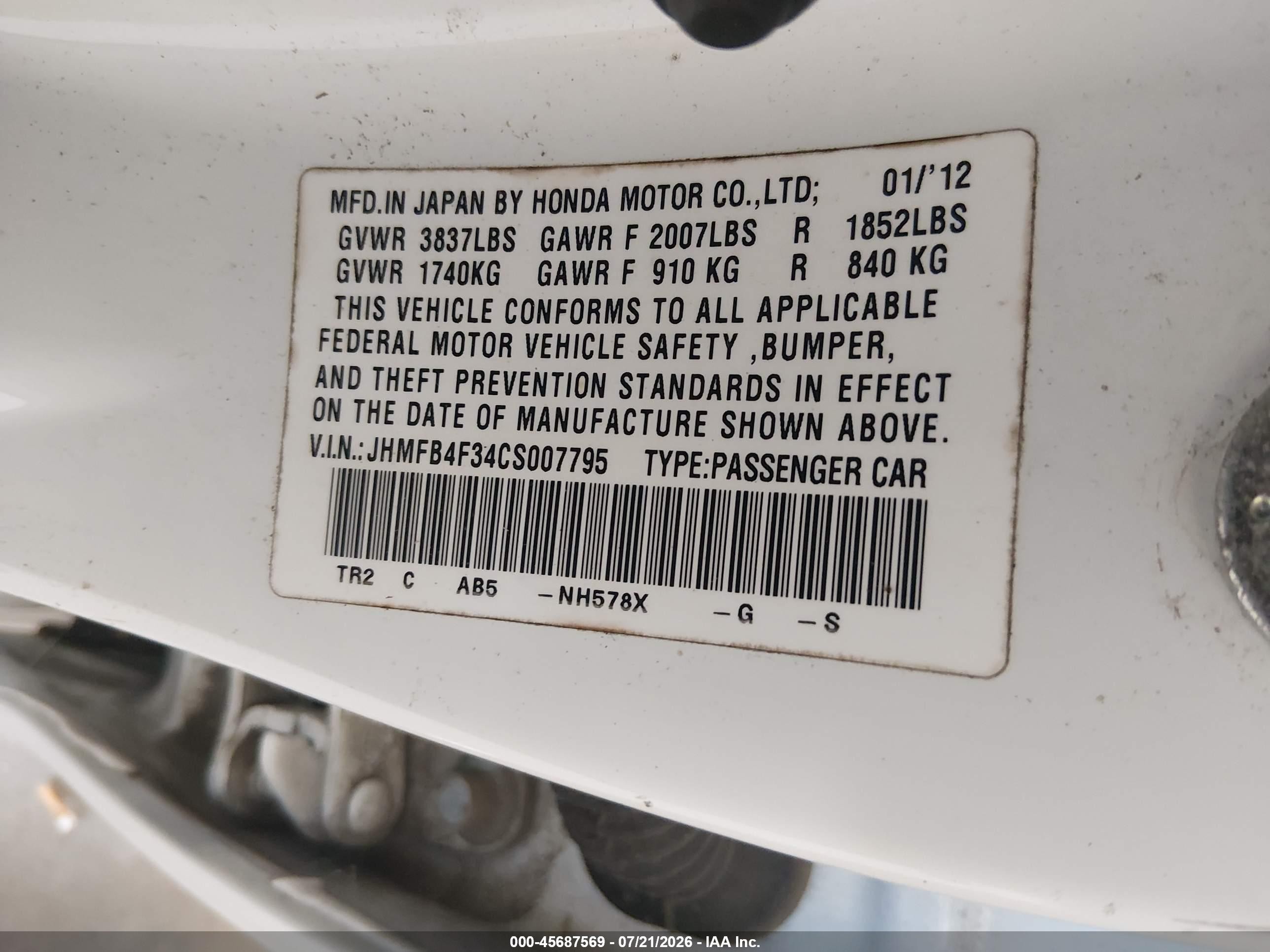 2012 Honda Civic Hybrid   White vin: JHMFB4F34CS007795