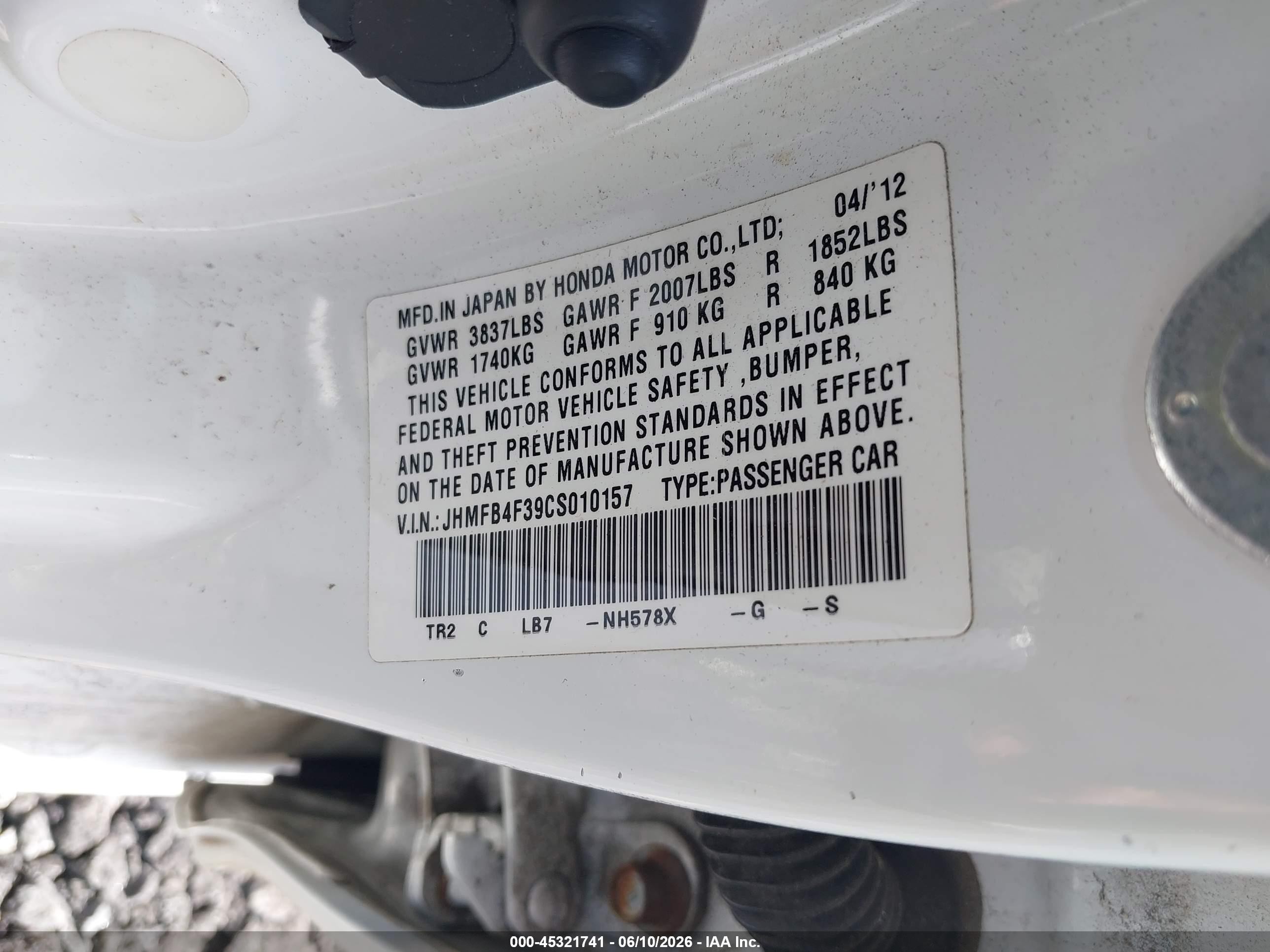 2012 Honda Civic Hybrid   White vin: JHMFB4F39CS010157