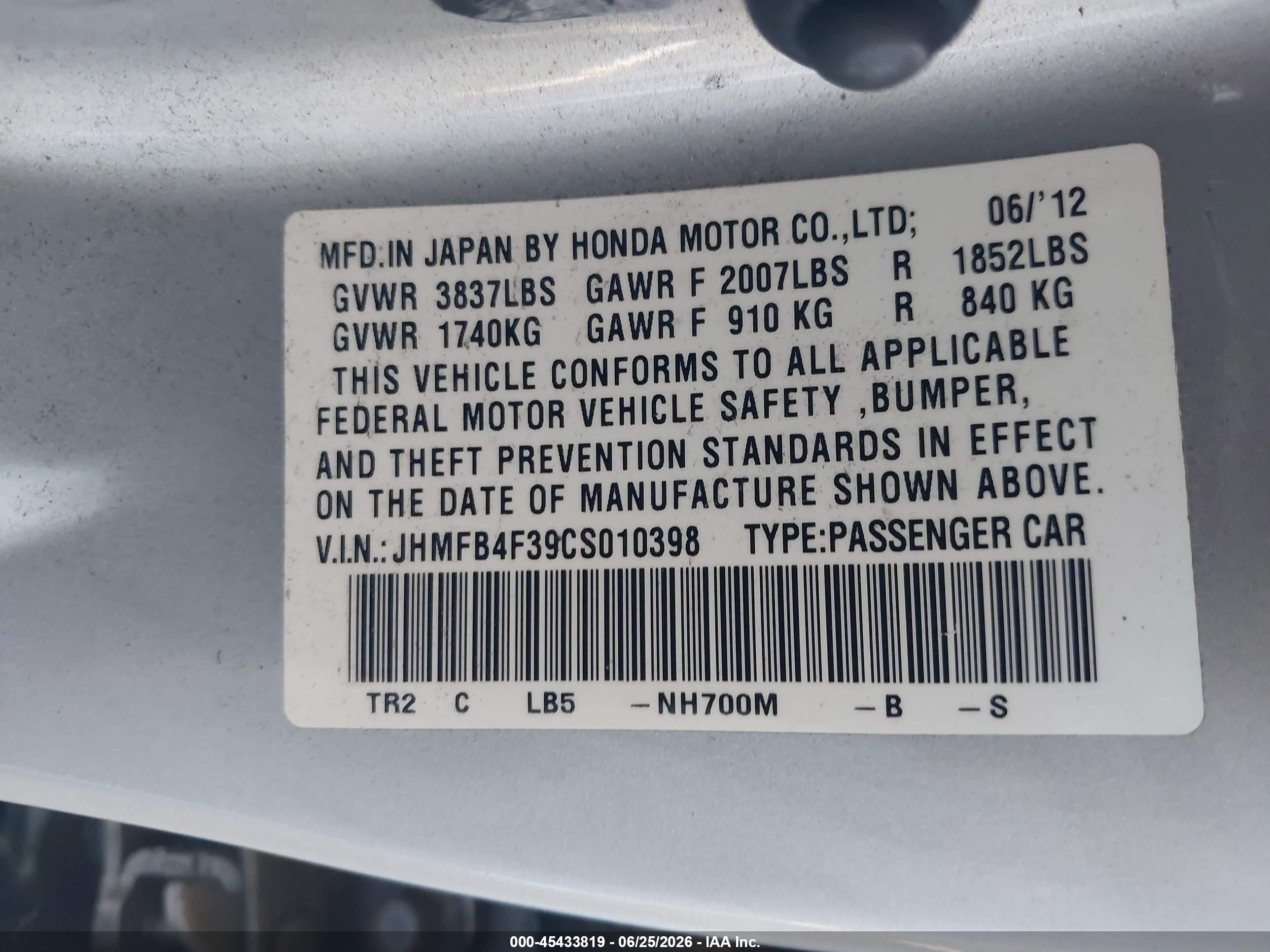 2012 Honda Civic Hybrid   Gray vin: JHMFB4F39CS010398