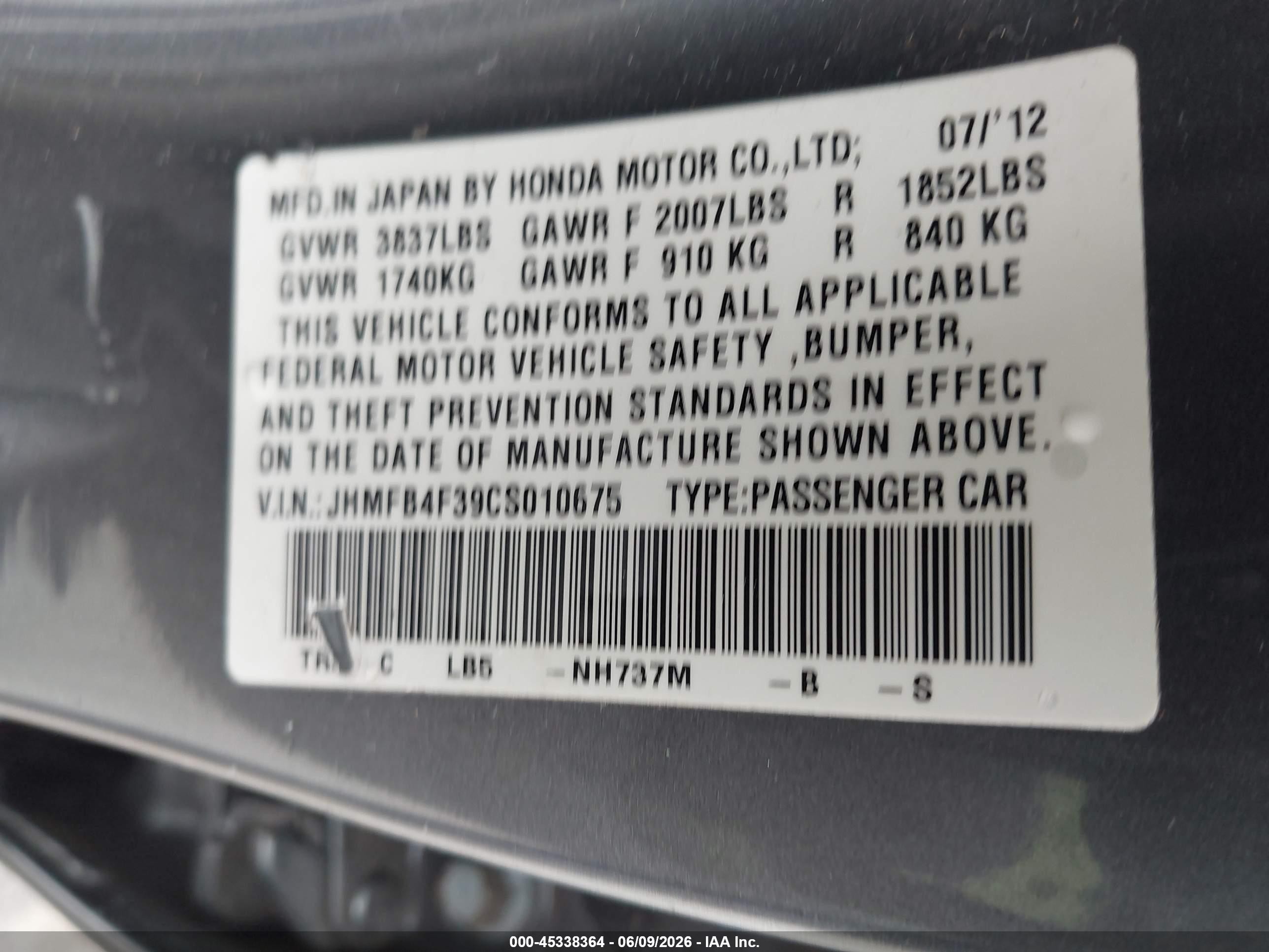 2012 Honda Civic Hybrid   Gray vin: JHMFB4F39CS010675