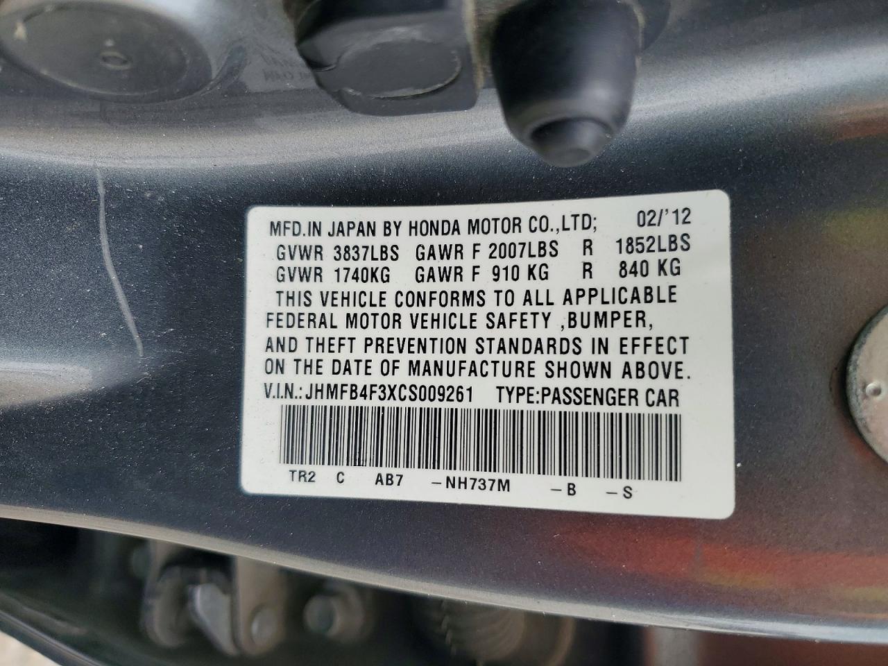 2012 Honda Civic Hybrid L Gray vin: JHMFB4F3XCS009261