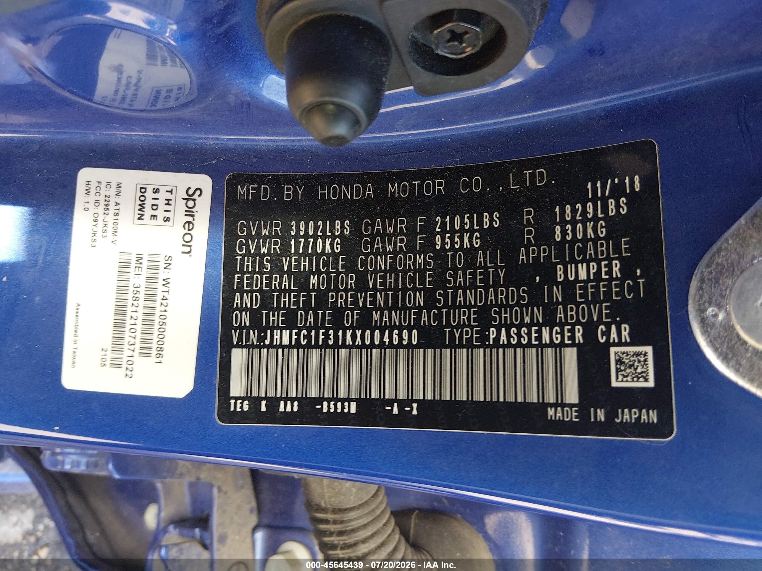 2019 Honda Civic Ex Blue vin: JHMFC1F31KX004690