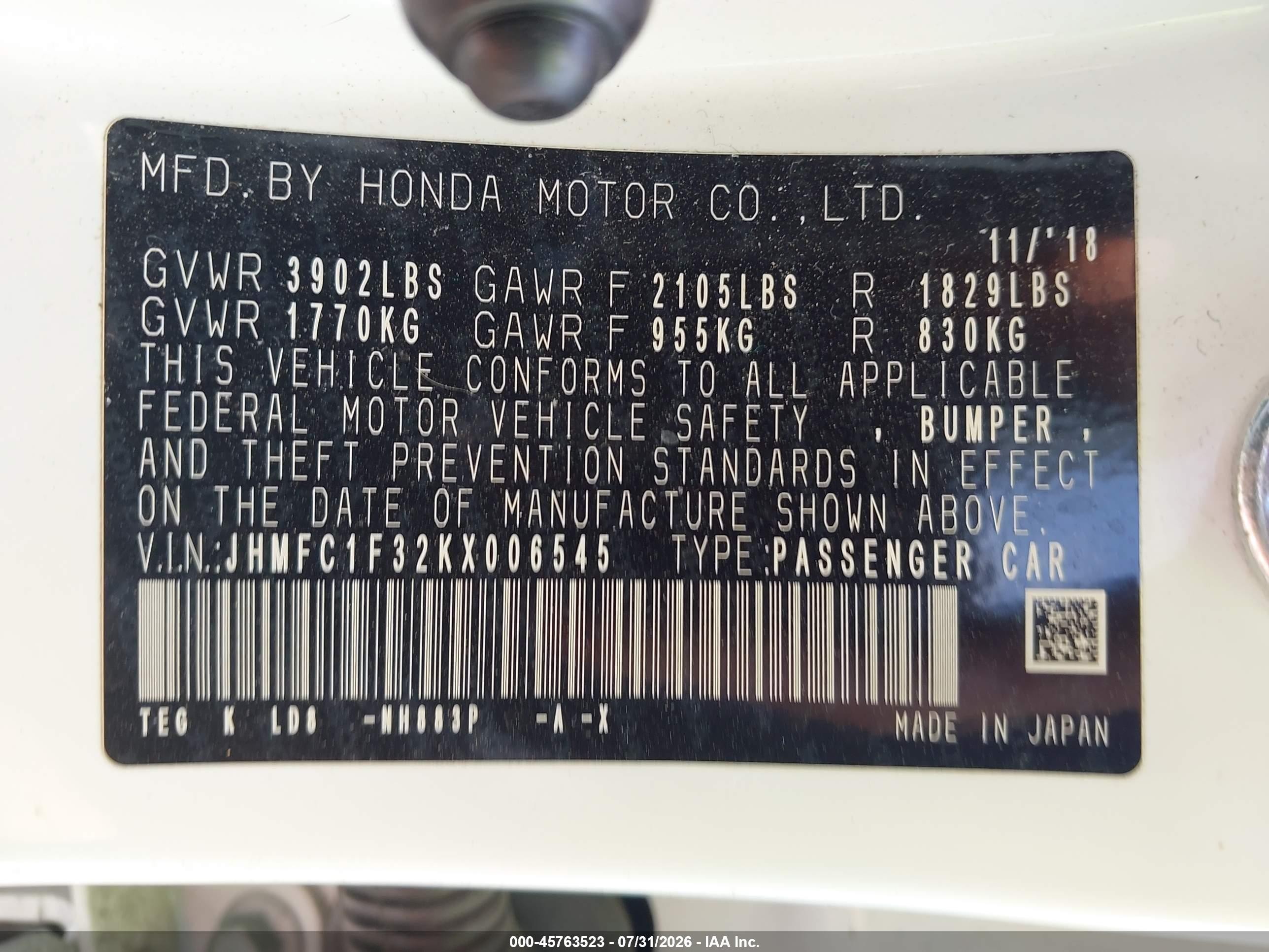 2019 Honda Civic Ex White vin: JHMFC1F32KX006545