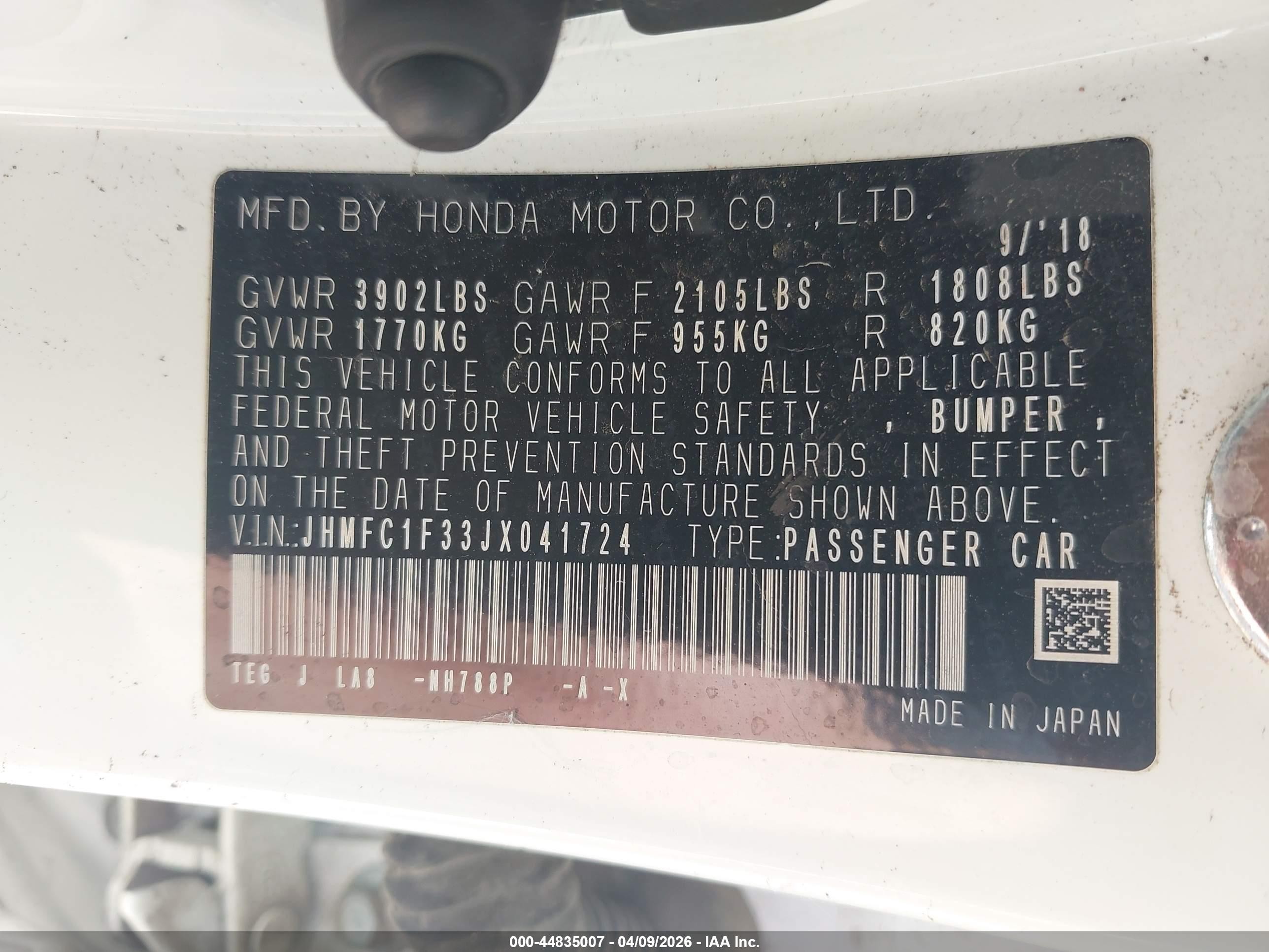 2018 Honda Civic Ex-t White vin: JHMFC1F33JX041724