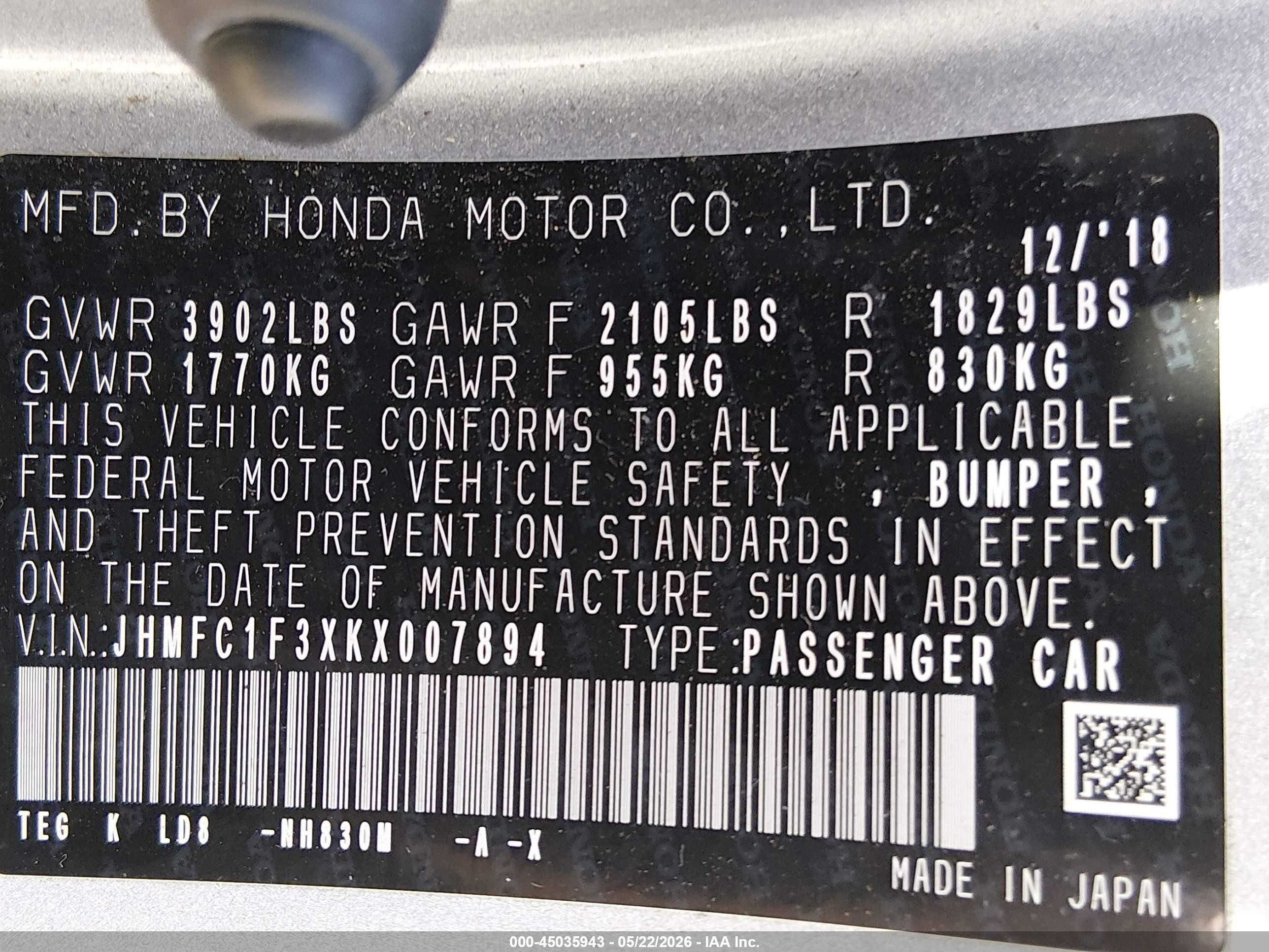 2019 Honda Civic Ex Silver vin: JHMFC1F3XKX007894