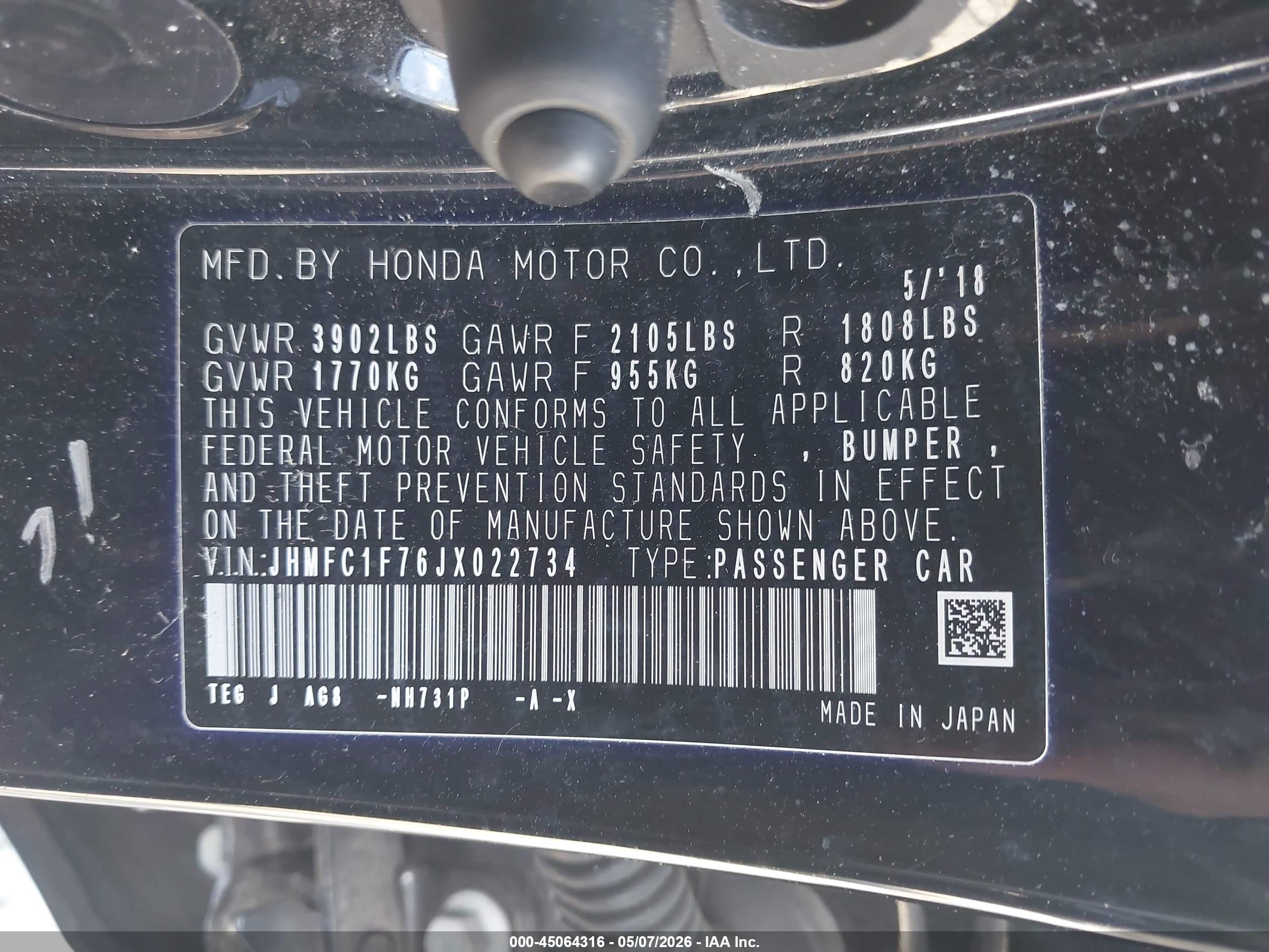 2018 Honda Civic Ex-l Black vin: JHMFC1F76JX022734