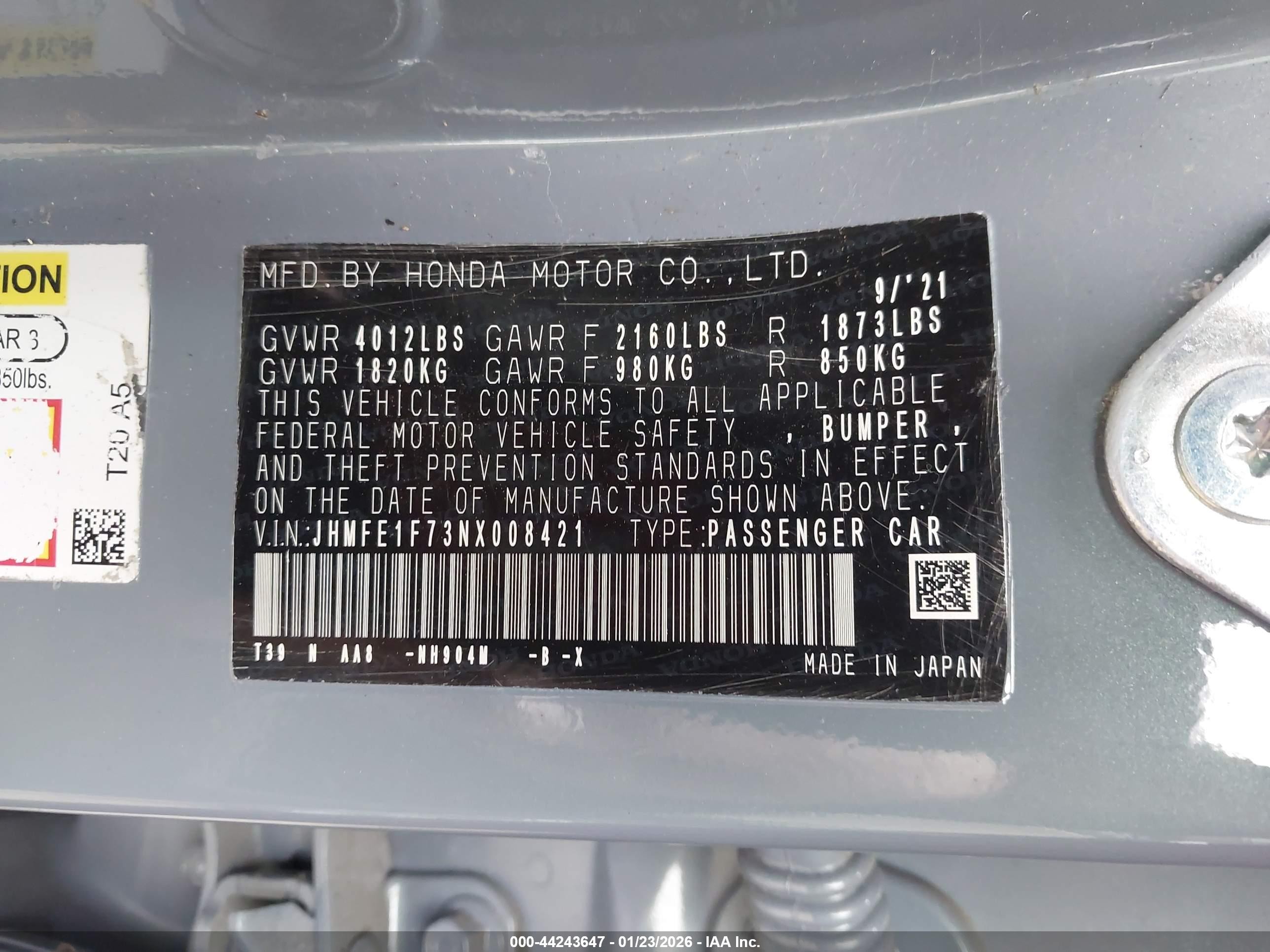 2022 Honda Civic Ex Gray vin: JHMFE1F73NX008421