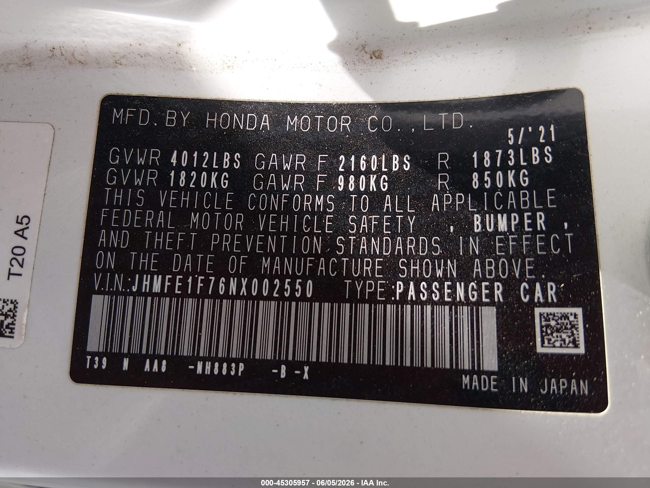 2022 Honda Civic Ex White vin: JHMFE1F76NX002550