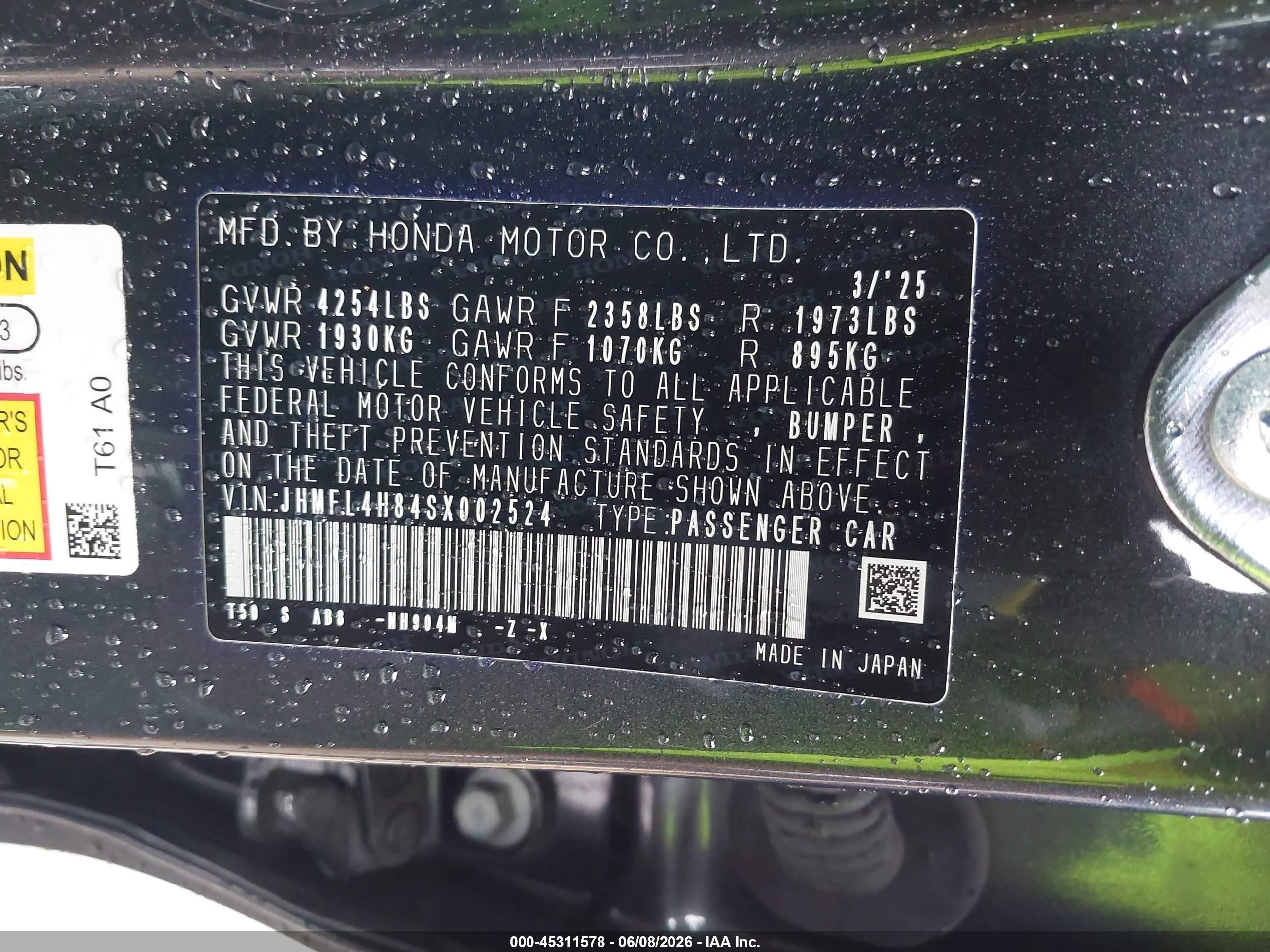 2025 Honda Civic Hybrid Sport Gray vin: JHMFL4H84SX002524
