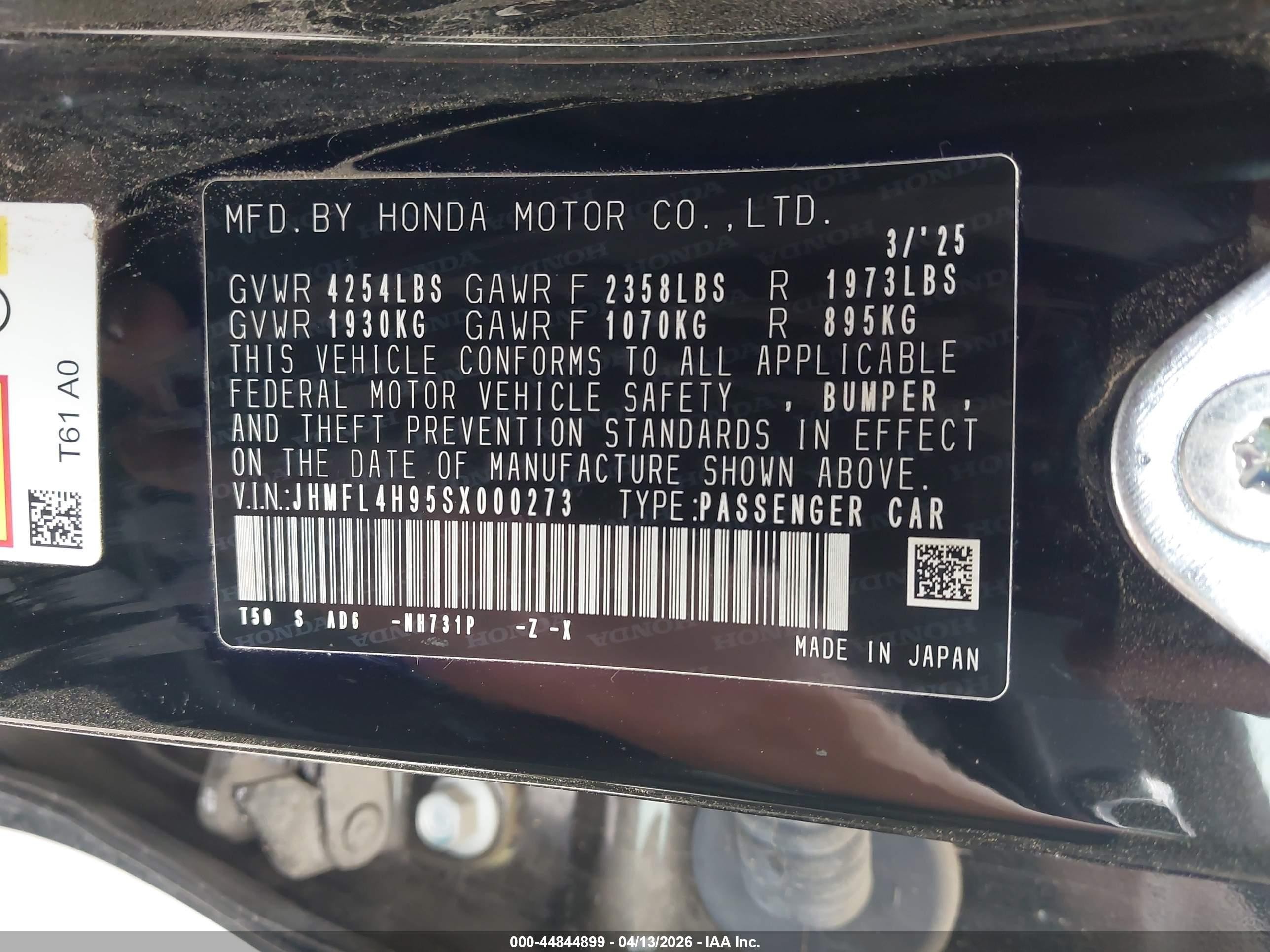 2025 Honda Civic Hybrid Sport Touring Black vin: JHMFL4H95SX000273