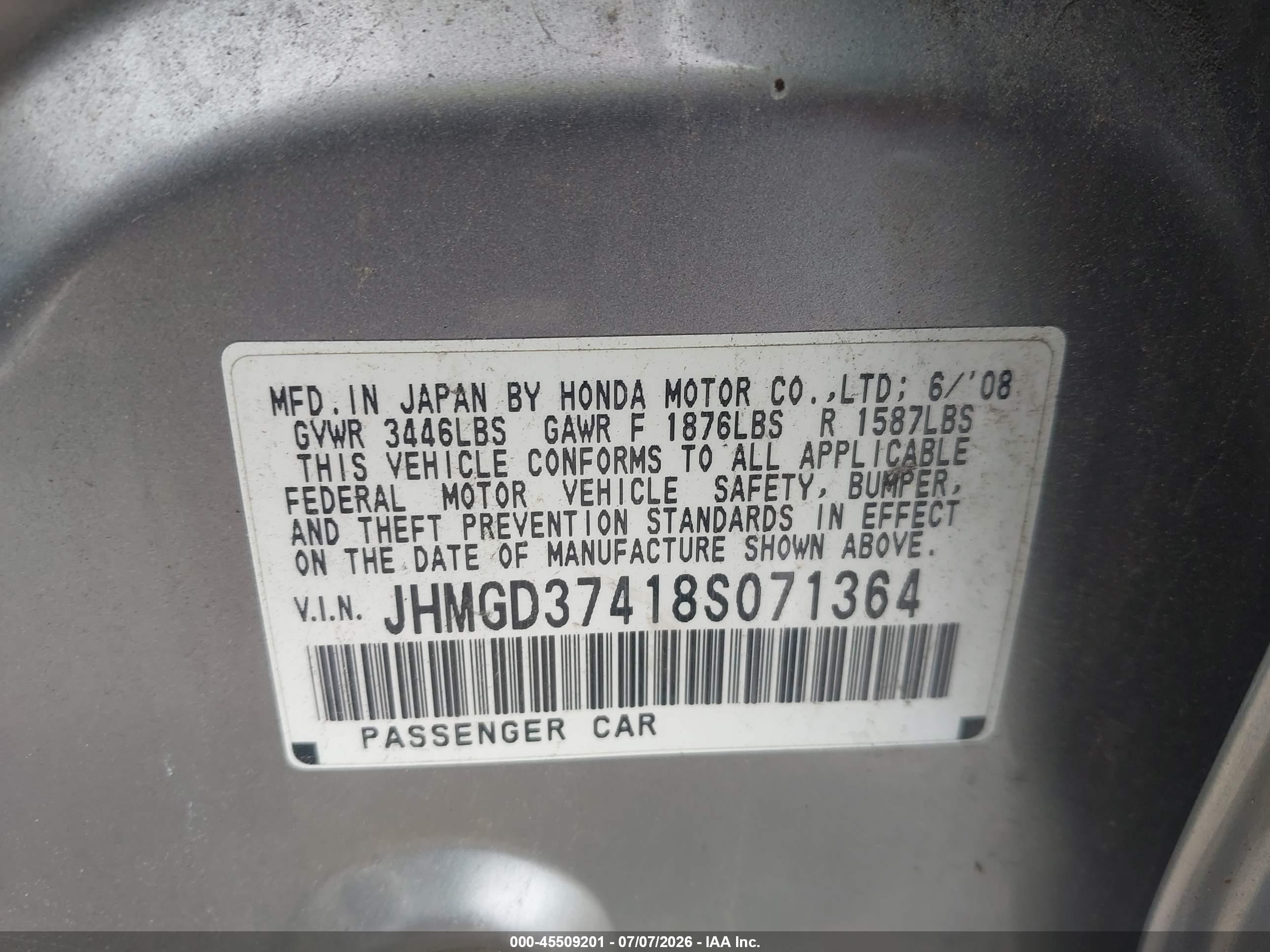 2008 Honda Fit   Silver vin: JHMGD37418S071364